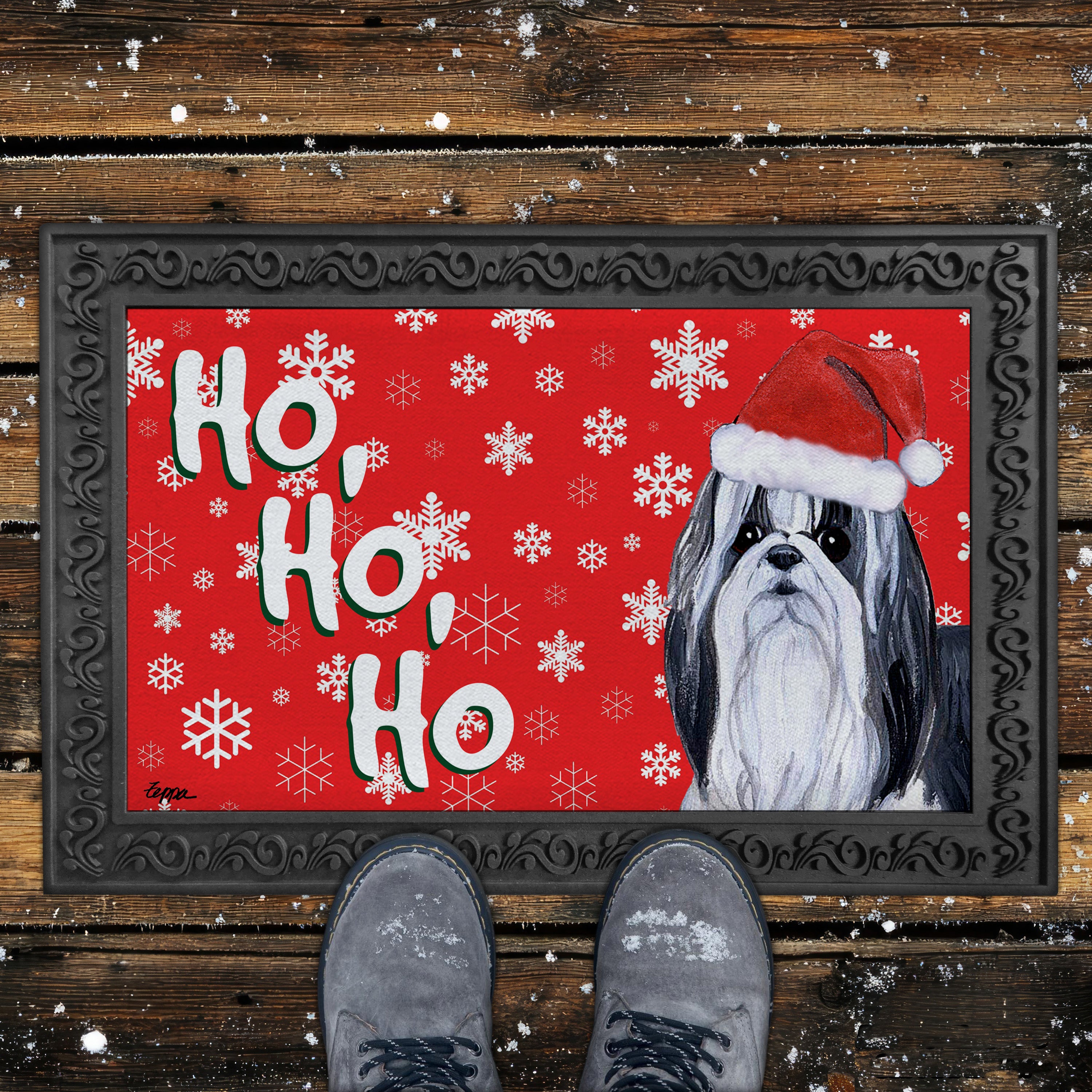 Shih Tzu Ho Ho Ho Doormat in red.