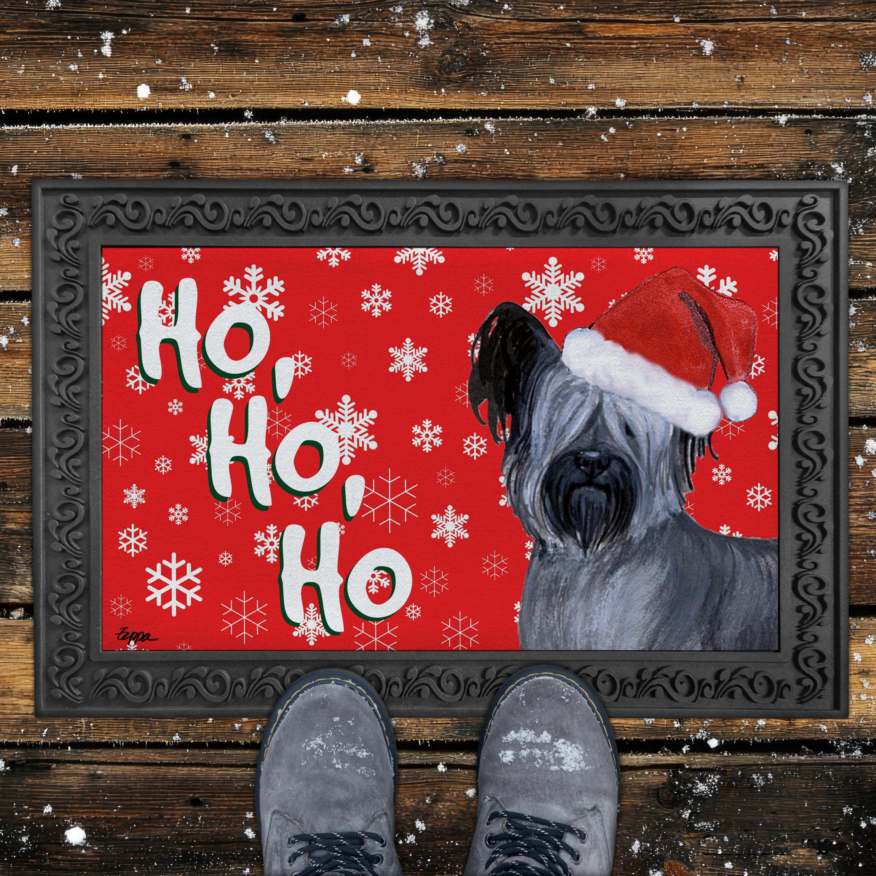 Skye Terrier Ho Ho Ho Door Mat n Red