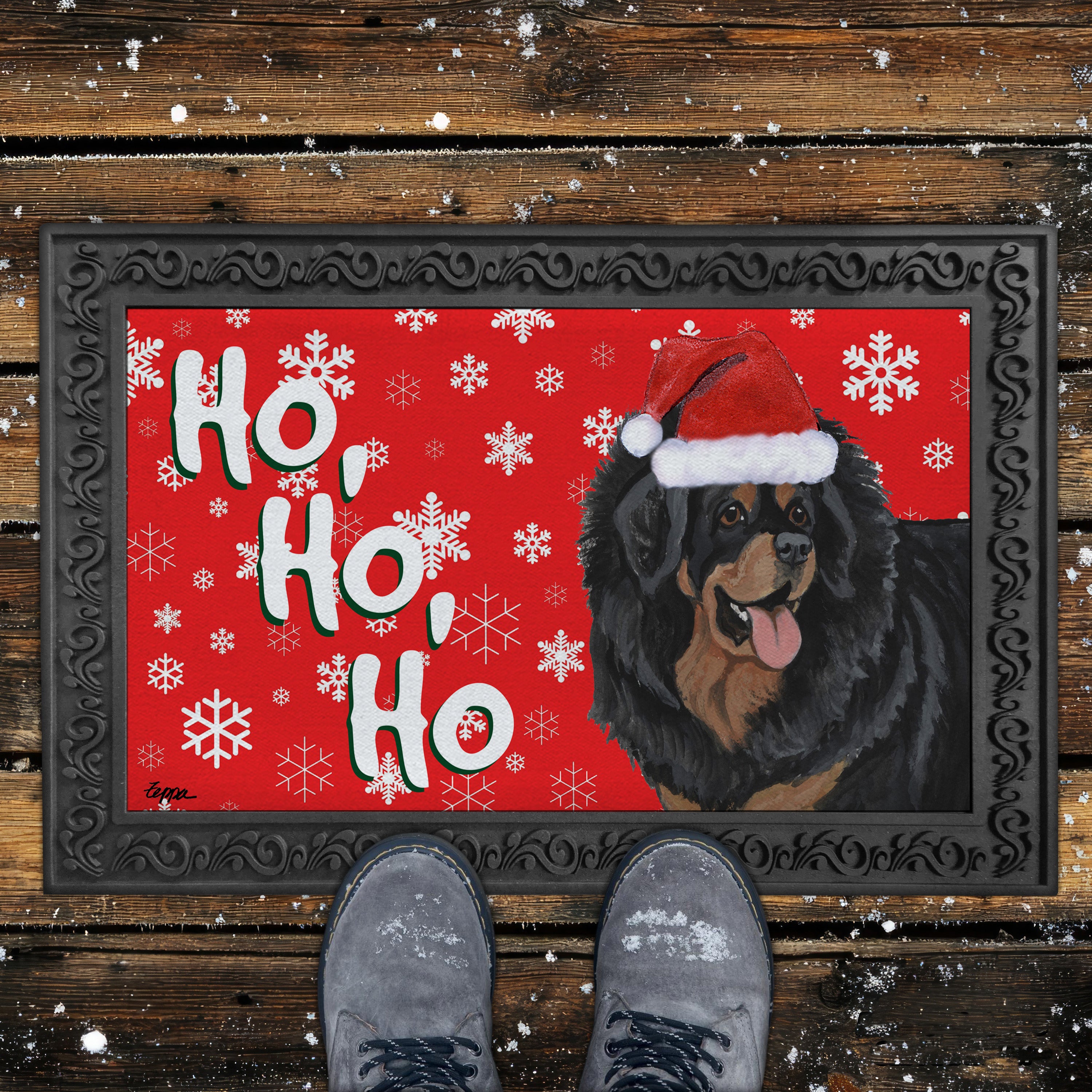 Tibetan Mastiff Ho Ho Ho Door Mat in Red