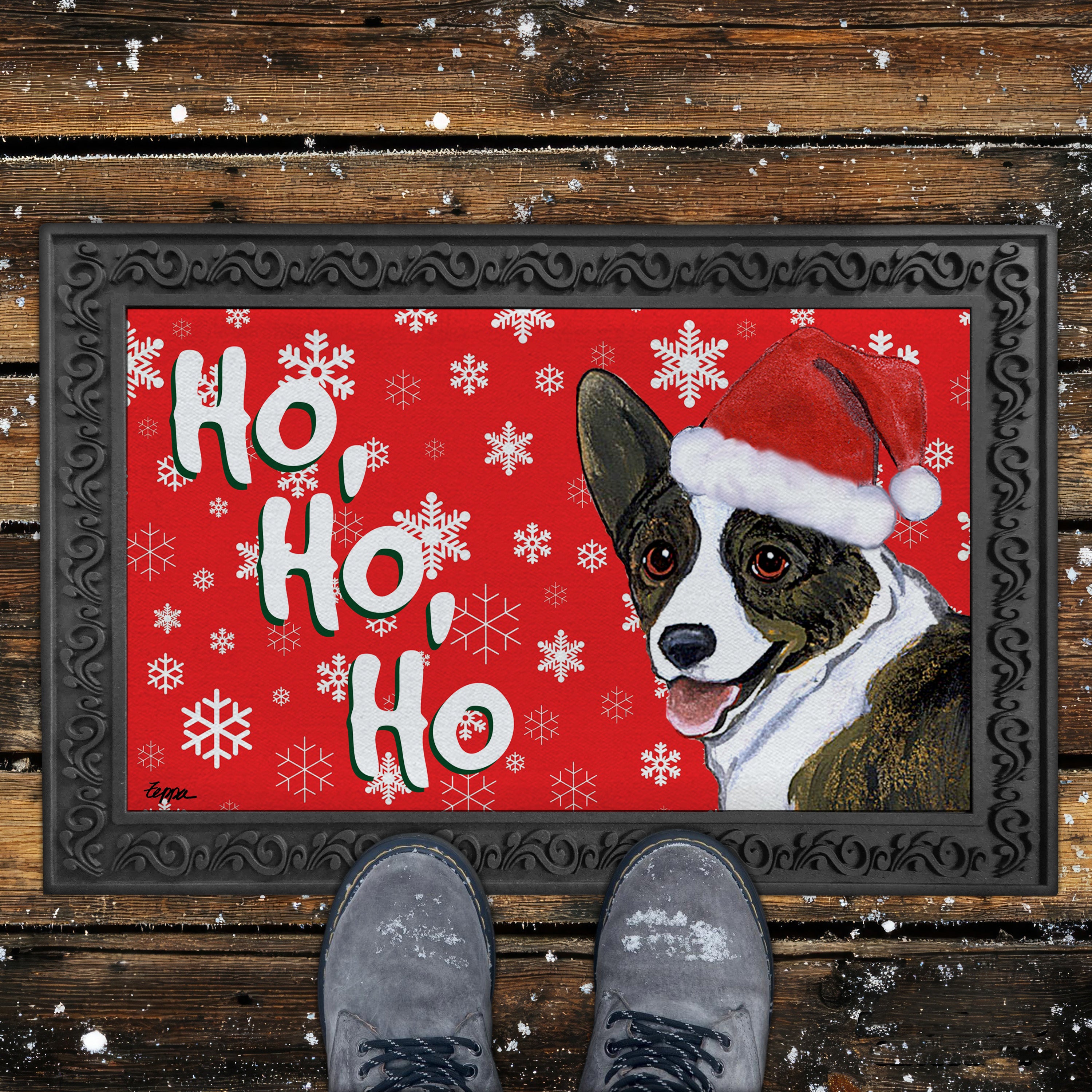 Cardigan Welsh Corgi Ho Ho Ho Door Mat in Red