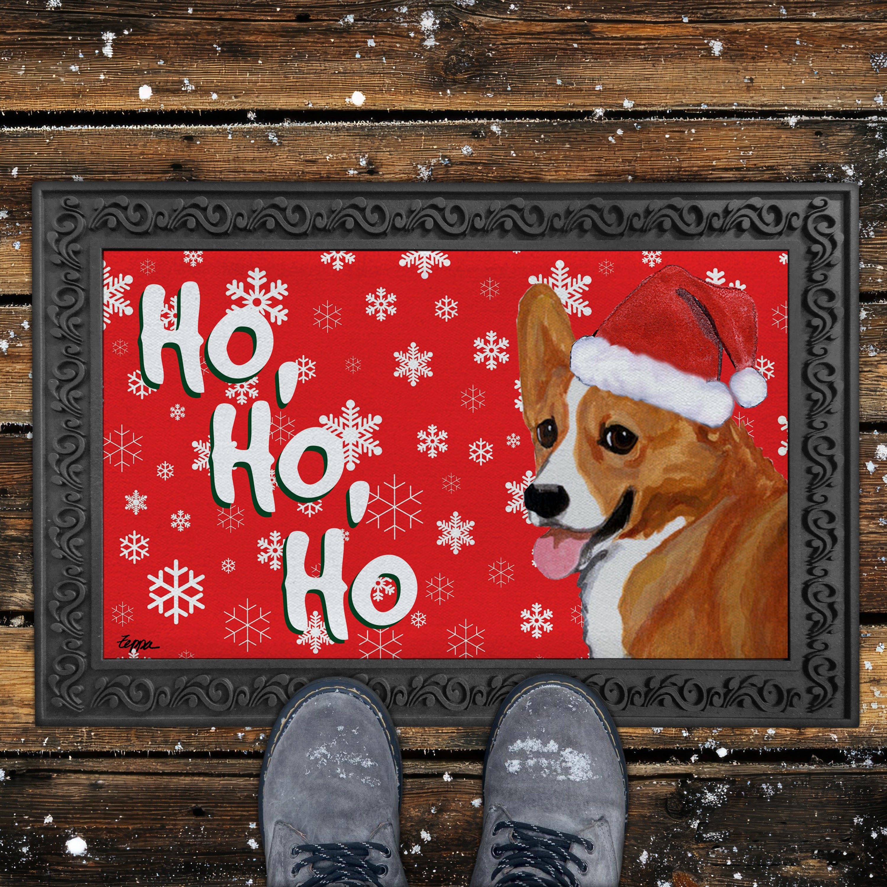 Red and White Pembroke Welsh Corgi Ho Ho Ho Door Mat in Red