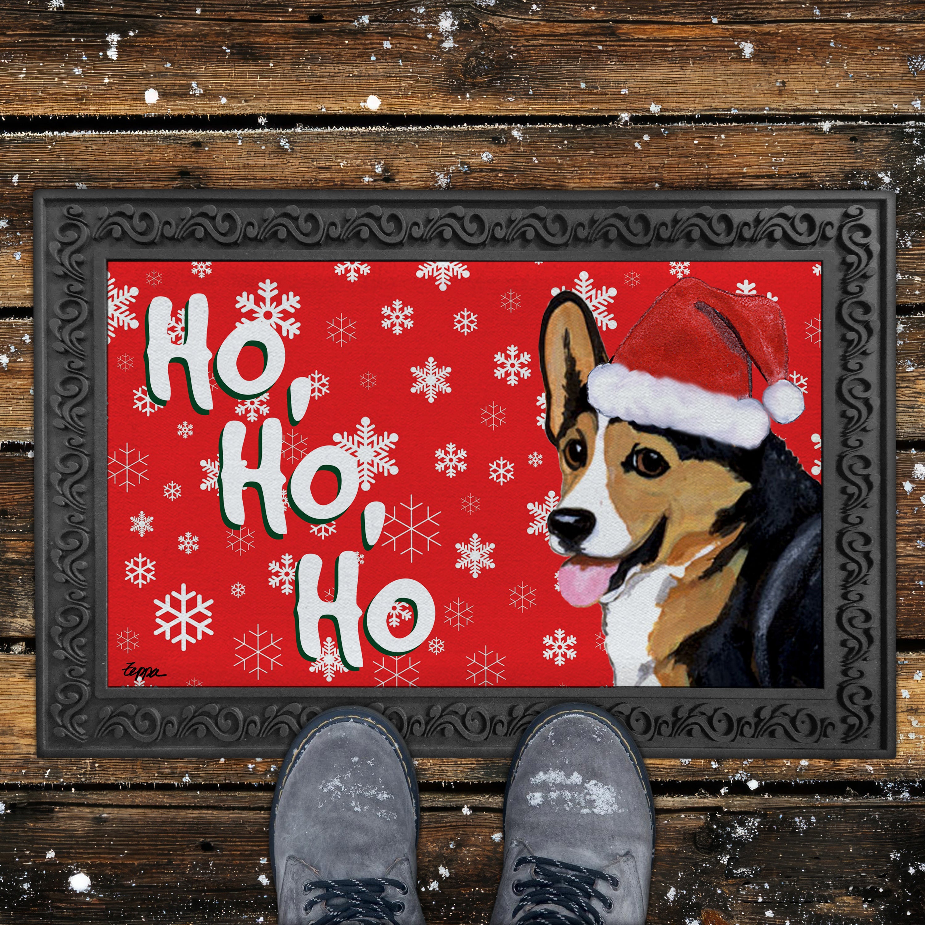 Tri Pembroke Welsh Corgi Ho Ho Ho Door Mat in Red