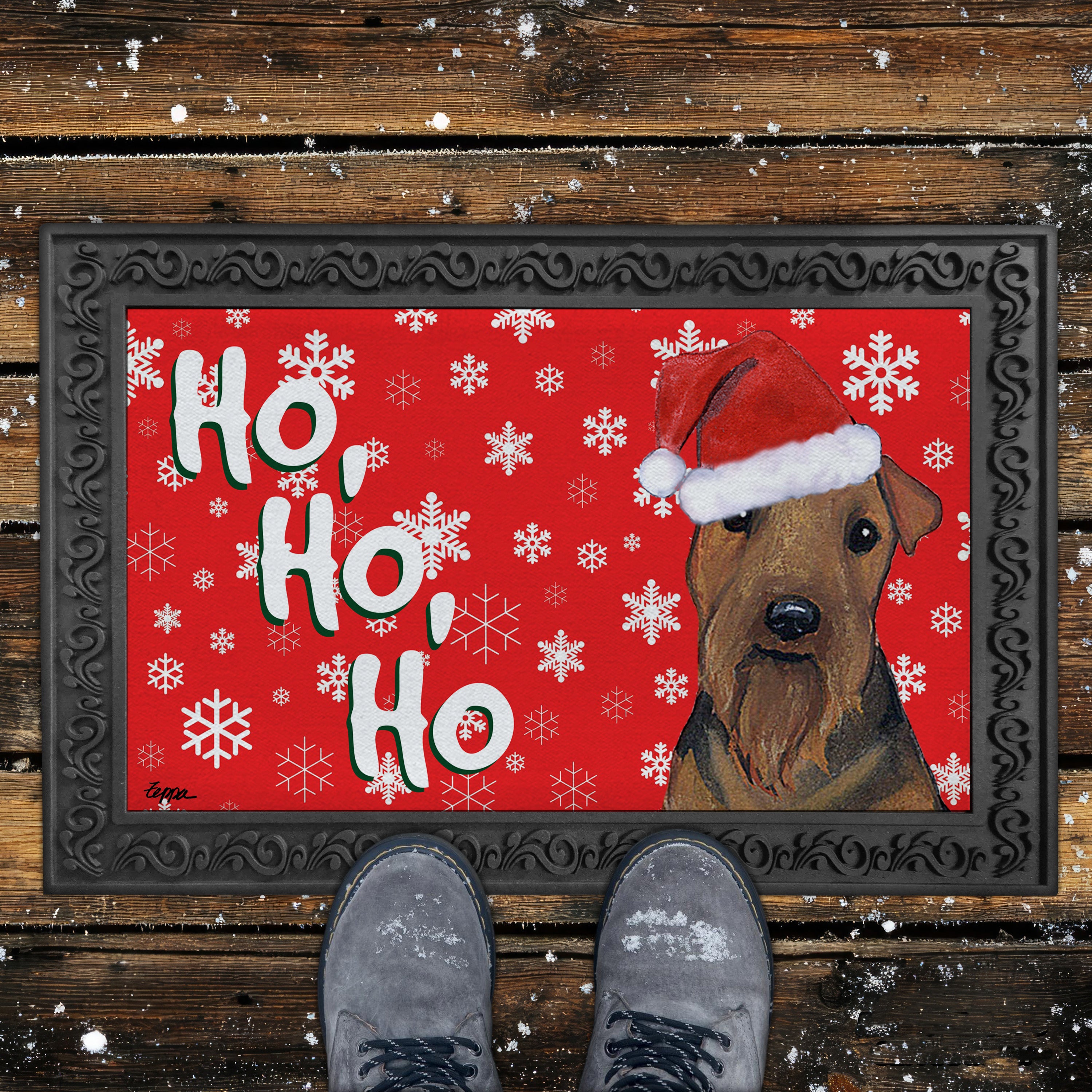 Welsh Terrier Ho Ho Ho Doormat in Red