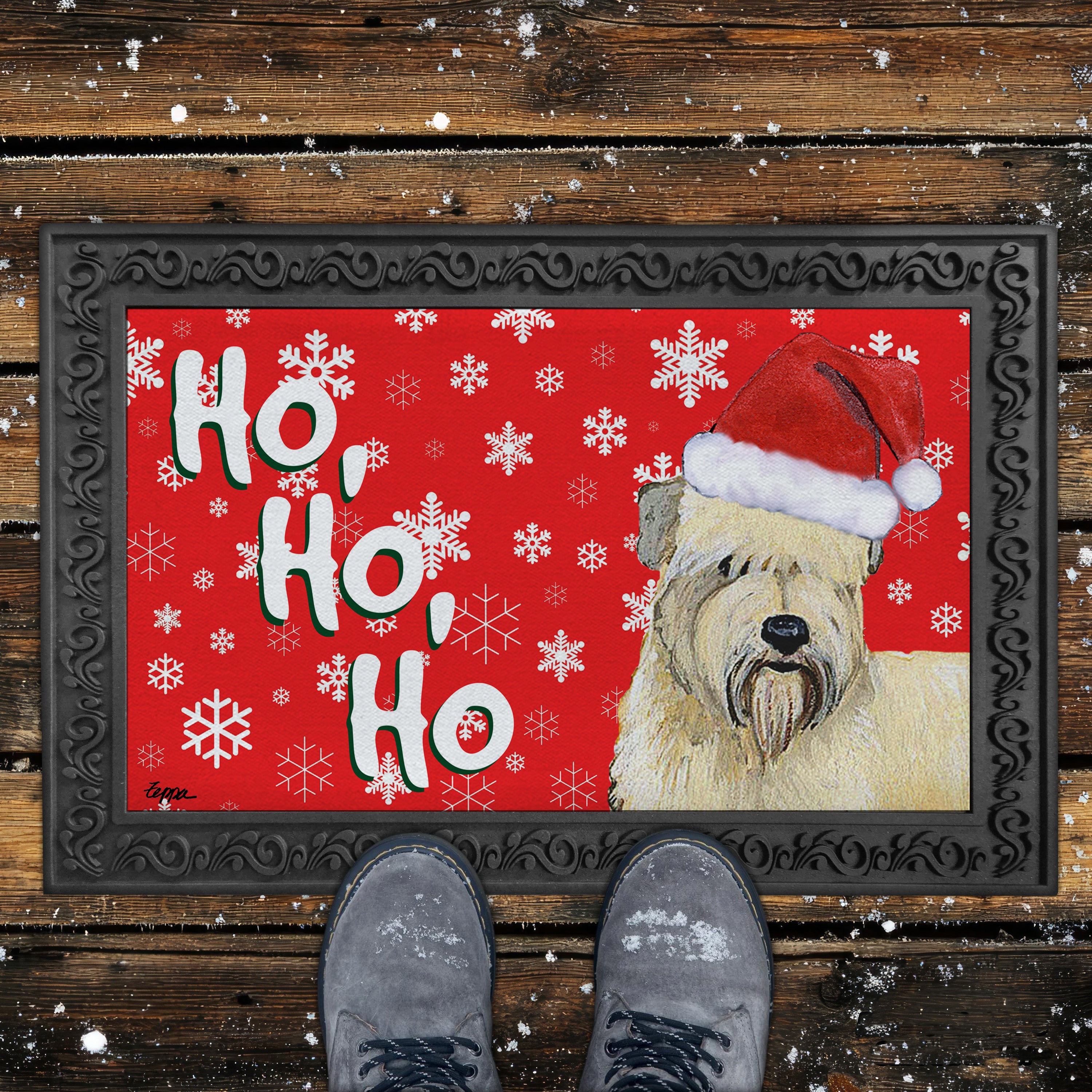 Wheaten Terrier Ho Ho Ho Door Mat in Red
