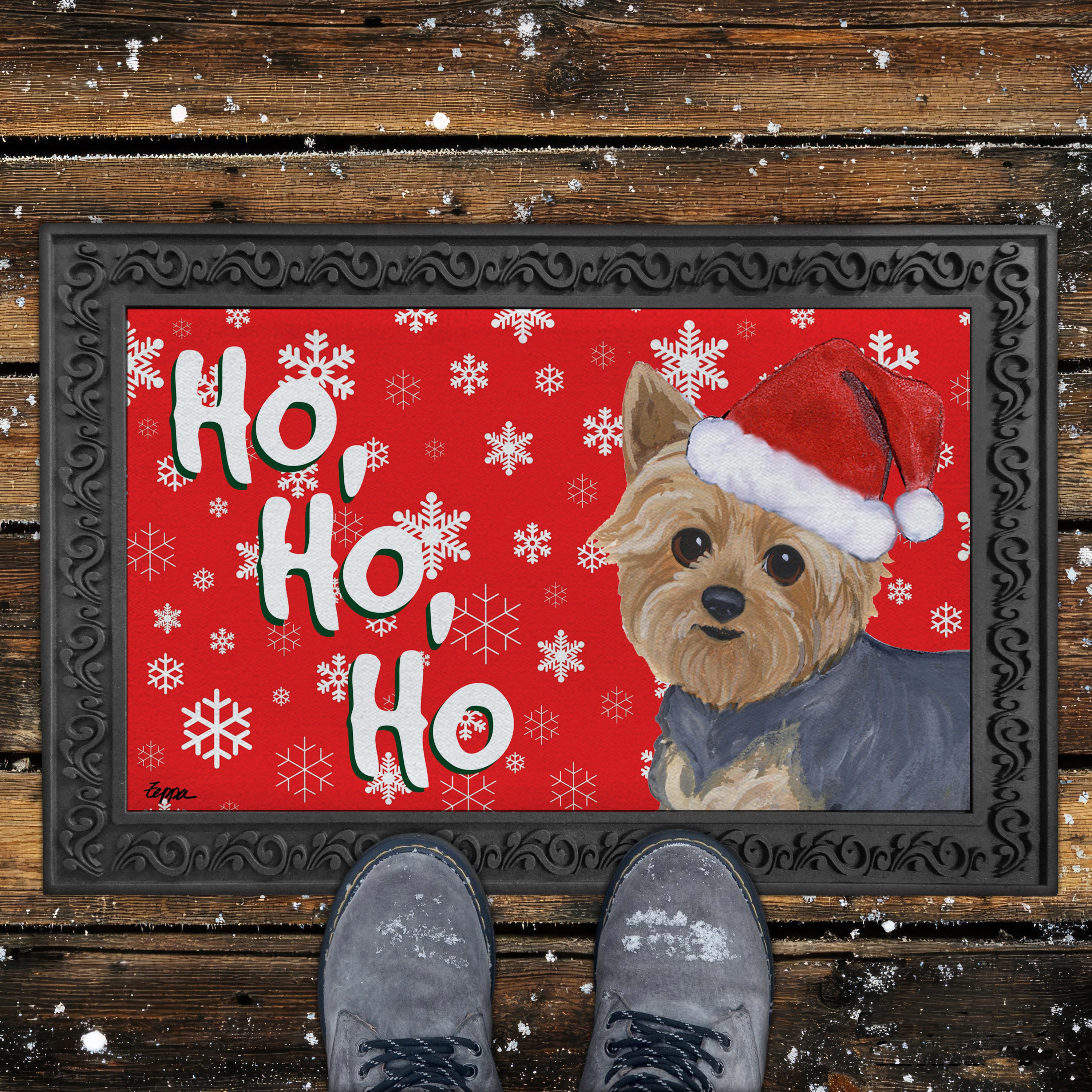 Yorkie Puppy Clip Ho Ho Ho Door Mat in Red