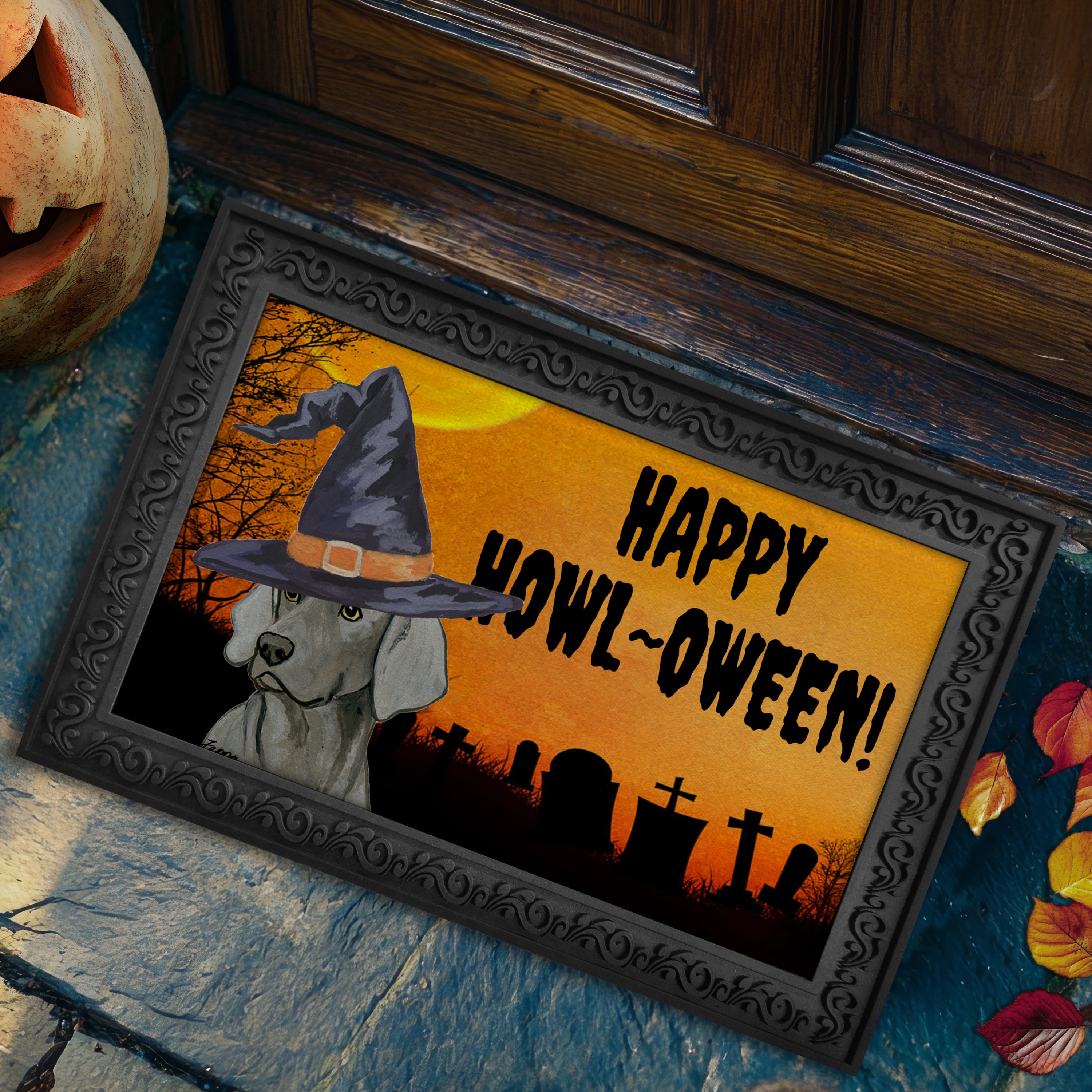 Halloween-themed doormat with a Weimaraner wearing a witch hat and 'Happy Howl-Oween!' text.