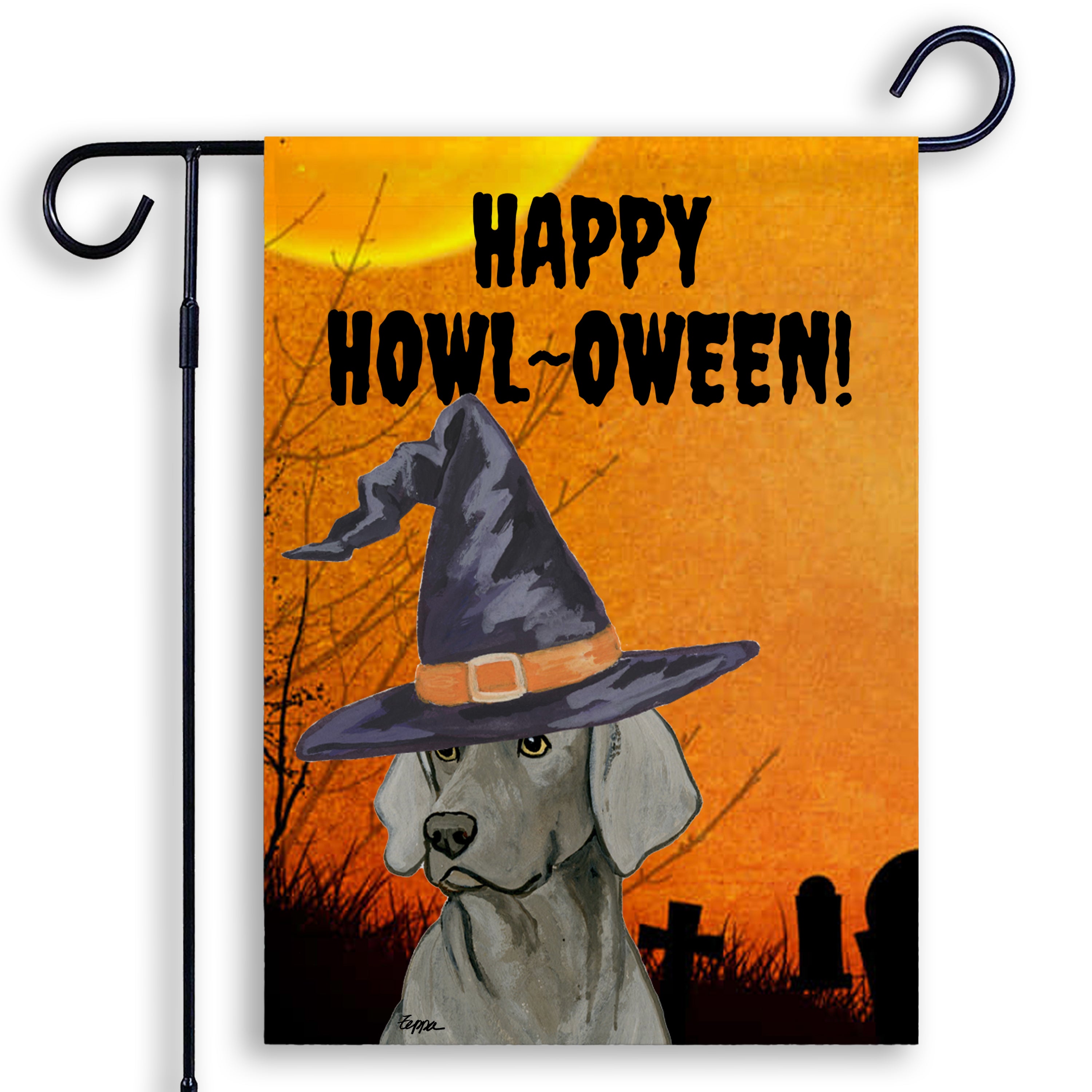 Halloween-themed garden flag with a Weimaraner wearing a witch hat and 'Happy Howl-O-Ween!' text.