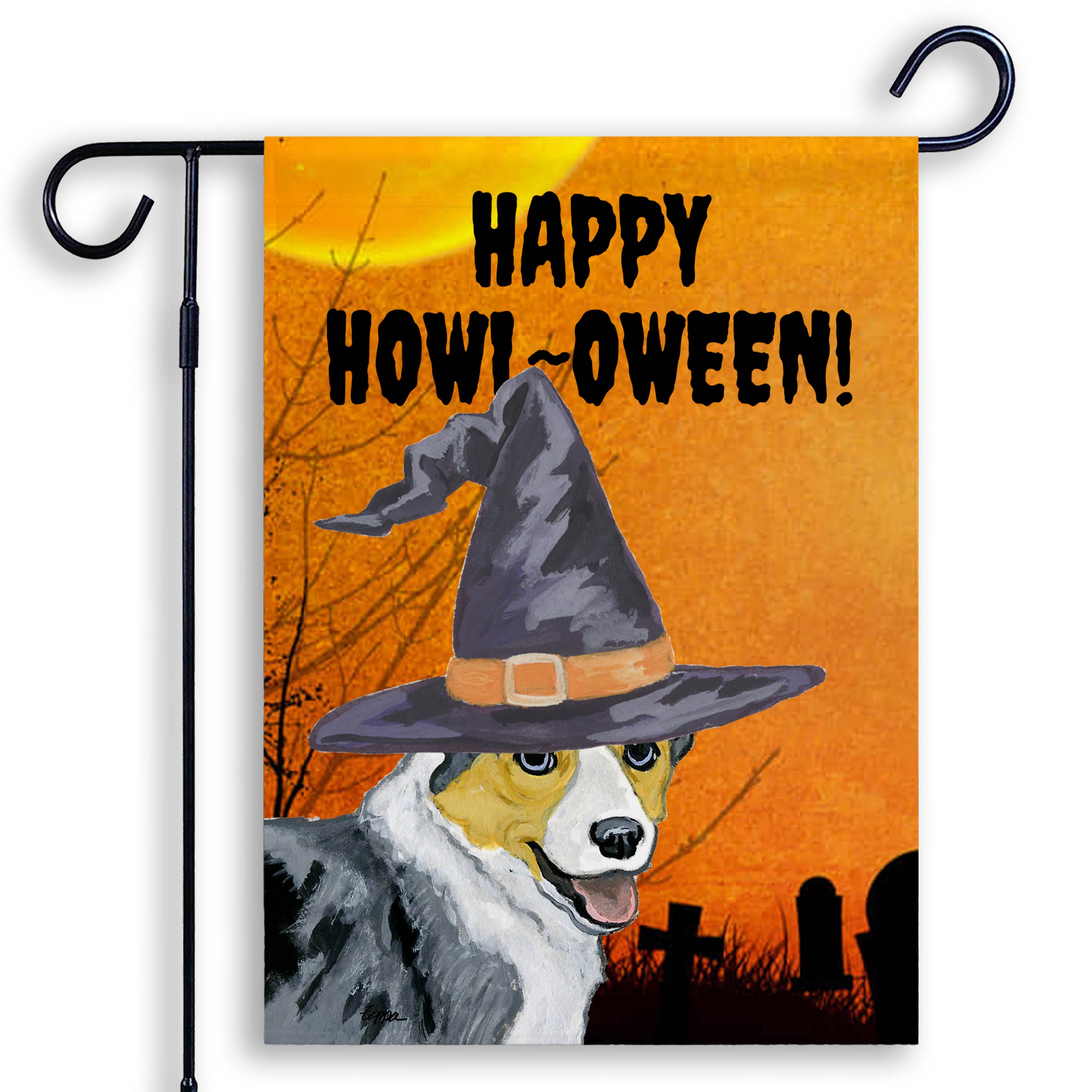 Halloween-themed garden flag with a Cardignan Corgi wearing a witch hat and 'Happy Howl-O-Ween!' text.