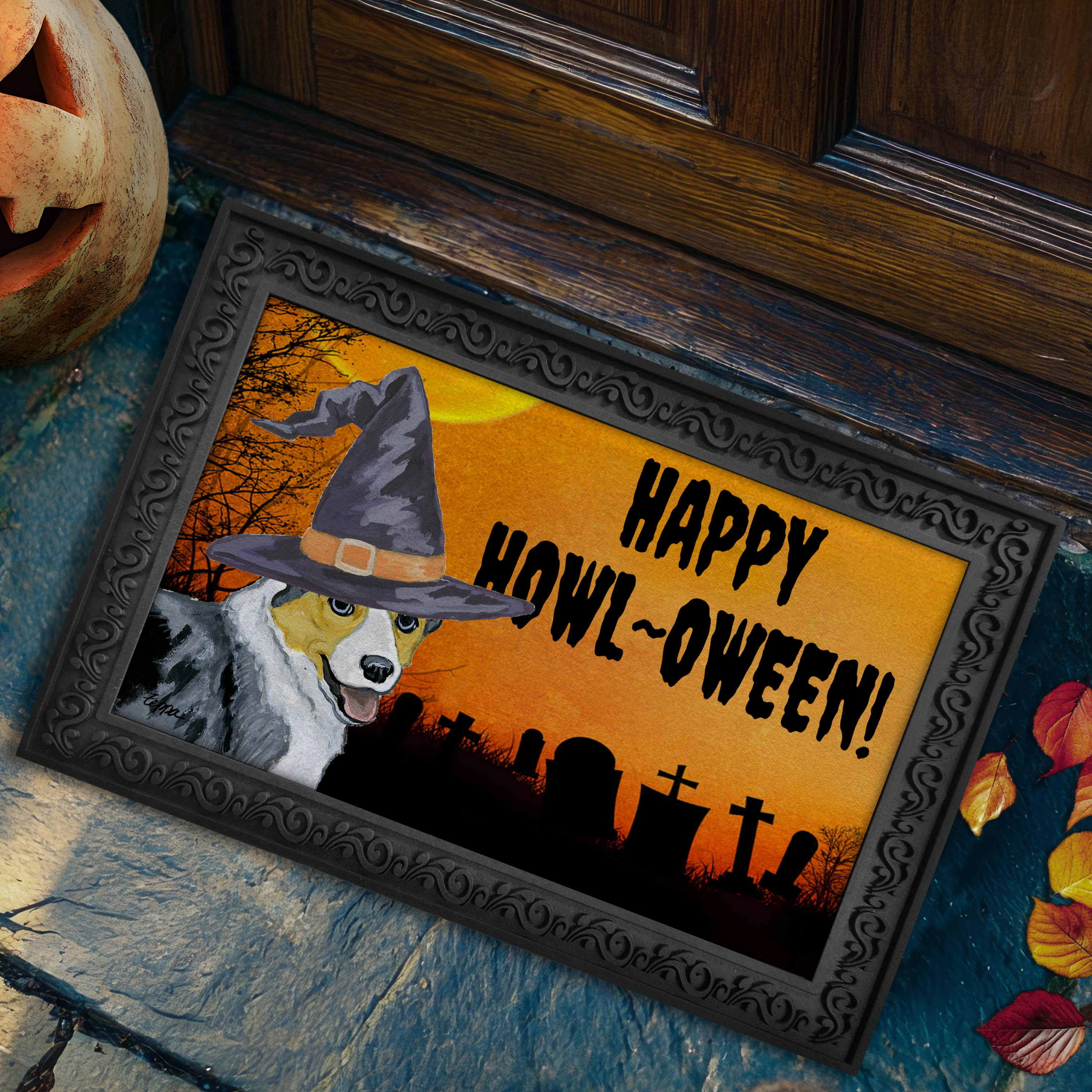 Halloween-themed doormat with a Cardigna Welsh Corgi wearing a witch hat and 'Happy Howl-O-Ween!' text, placed on a stone step.