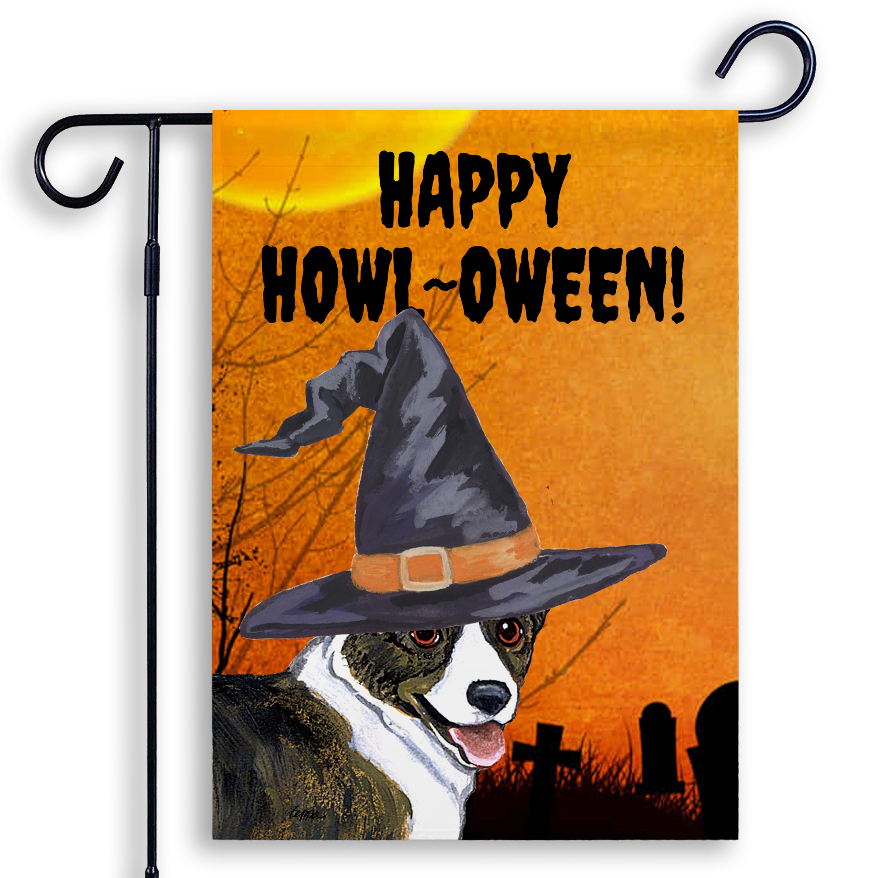 Halloween-themed garden flag with a Cardignan Corgi wearing a witch hat and 'Happy Howl-O-Ween!' text.