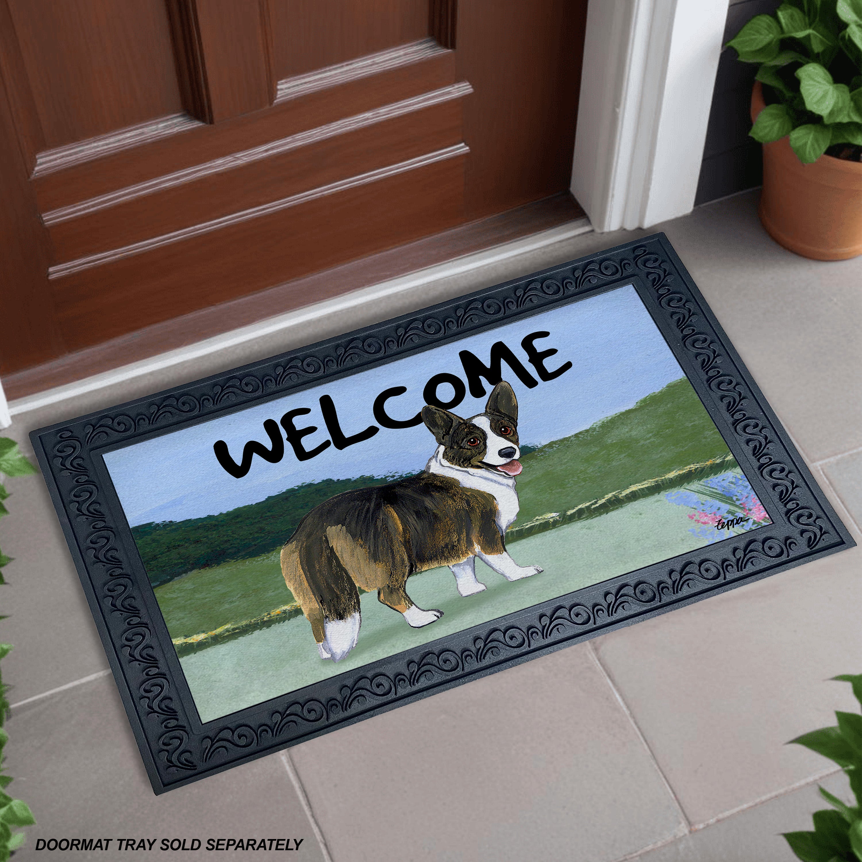 Cardigan Welsh Corgi Yard Scene Welcome Mat