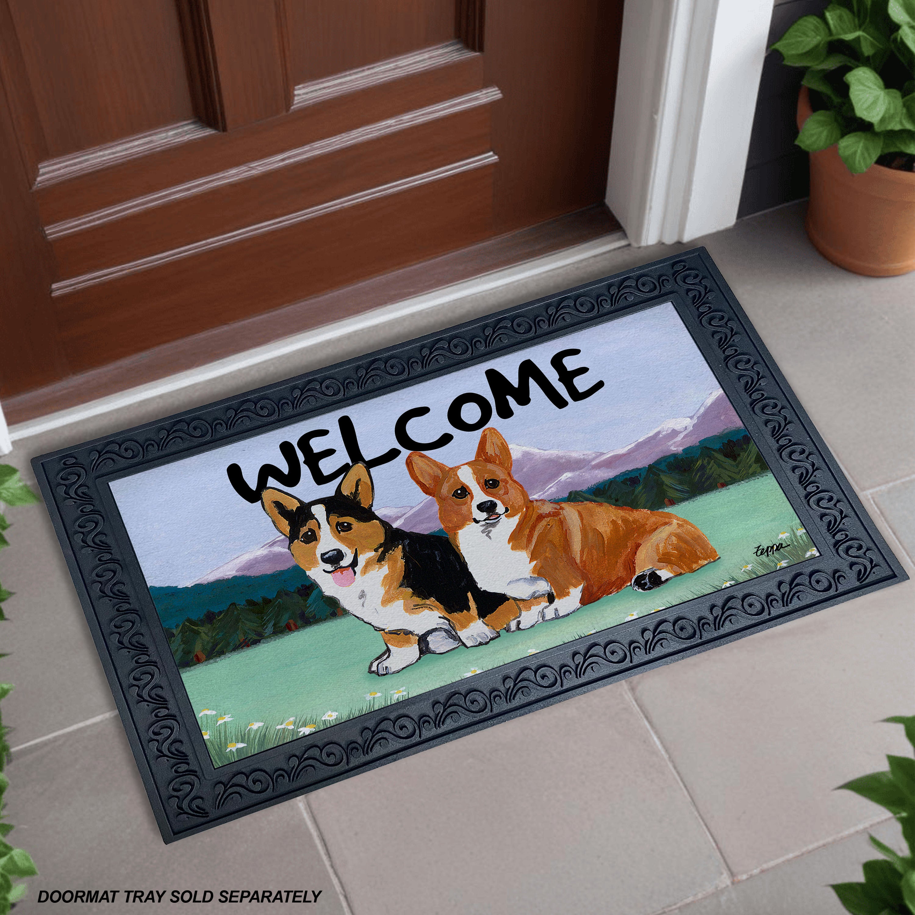 Red Pembroke Welsh Corgi Pair Mountain Scene Welcome Mat