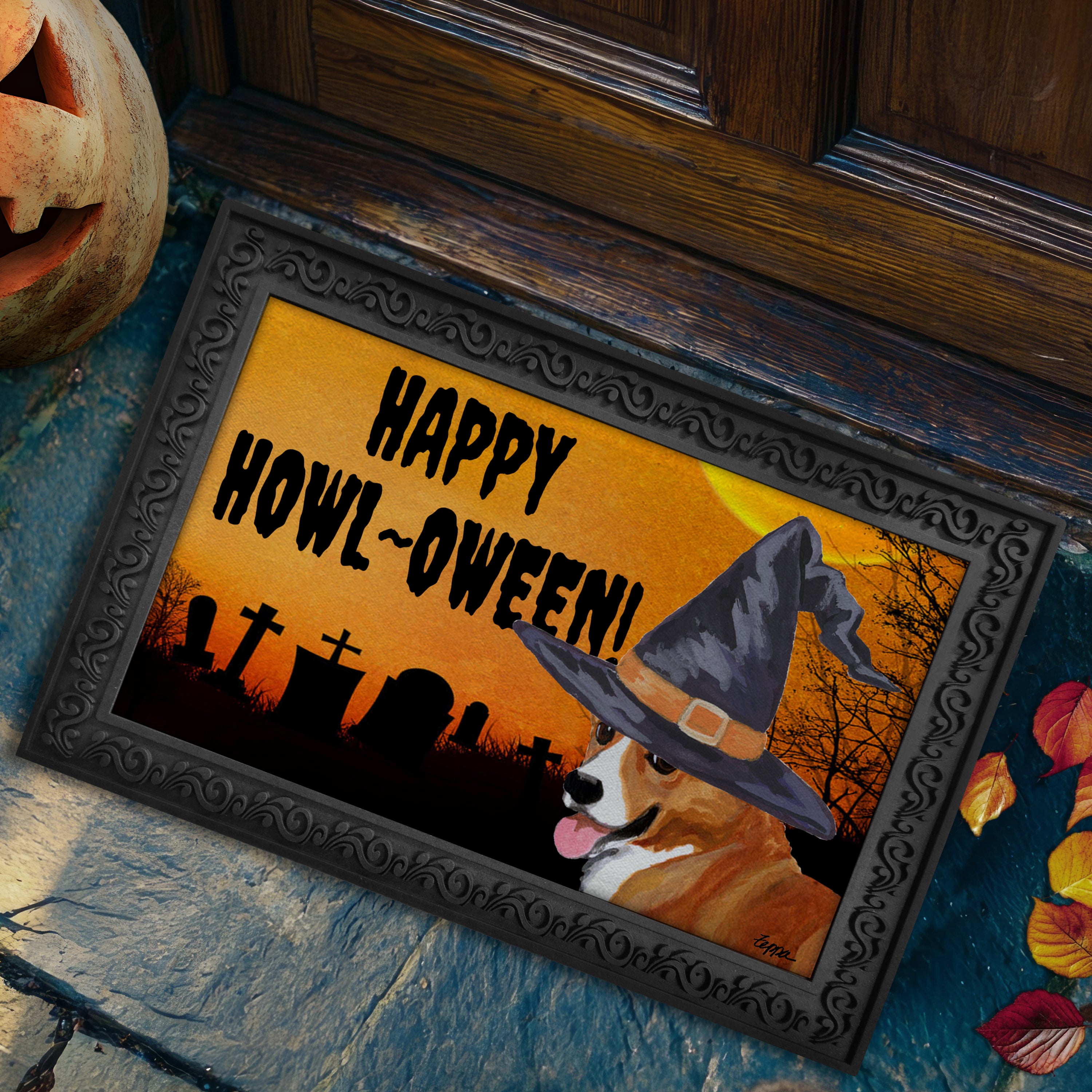 Halloween-themed doormat with a Pembroke Welsh Corgi wearing a witch hat and 'Happy Howl-O-Ween!' text, placed on a stone step.