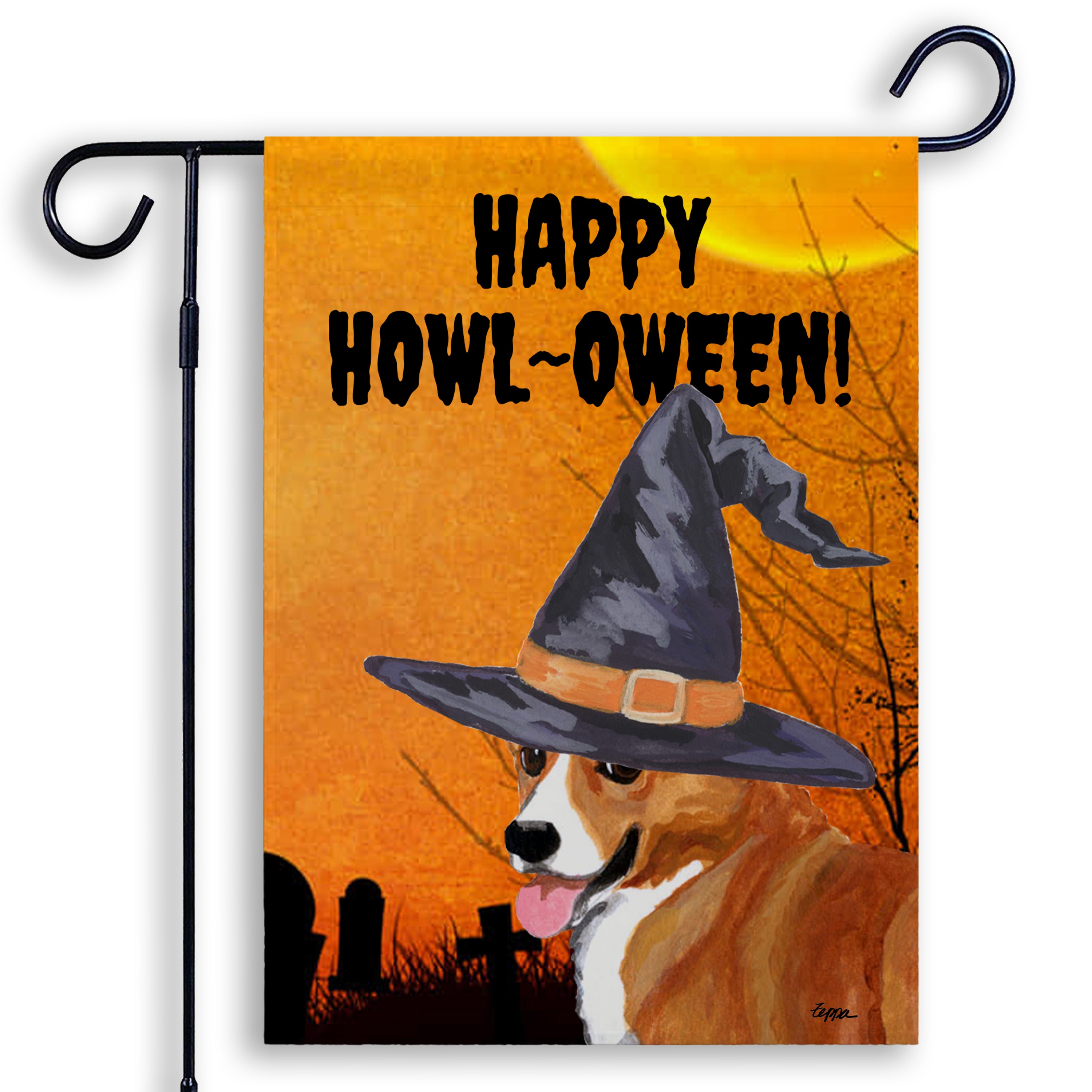 Halloween-themed garden flag with a Pembroke Welsh Corgi wearing a witch hat and 'Happy Howl-Oween!' text.