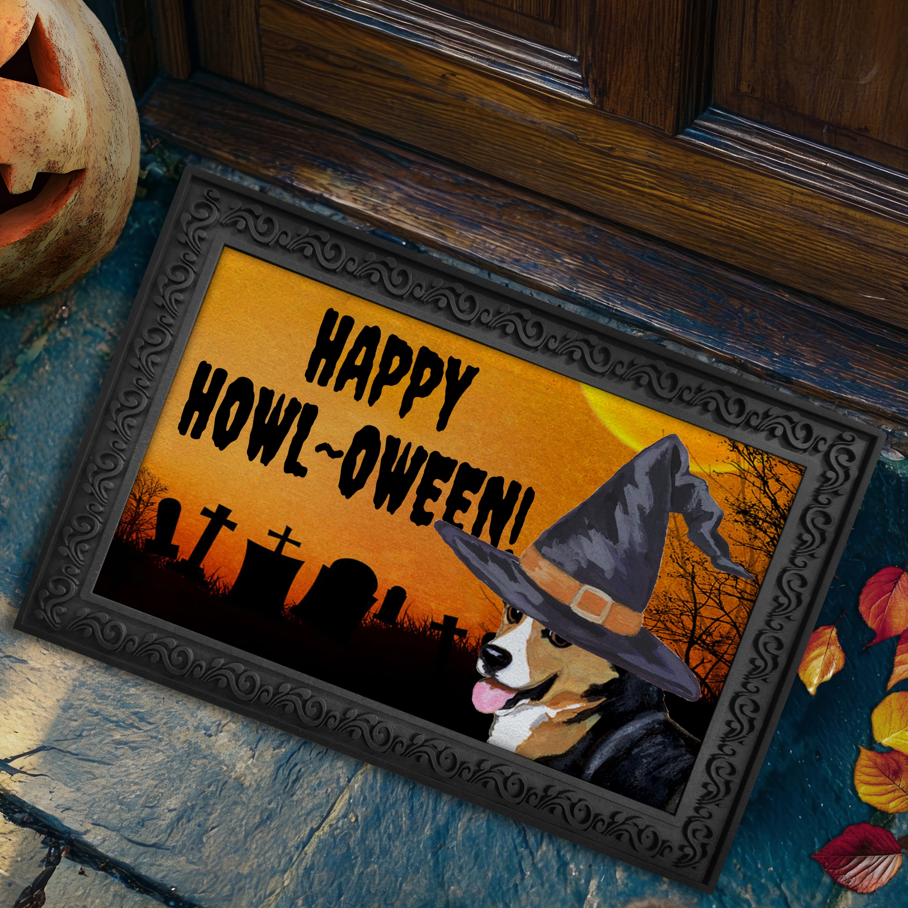 Halloween-themed doormat with a Pembroke Welsh Corgi wearing a witch hat and 'Happy Howl-O-Ween!' text, placed on a stone step.