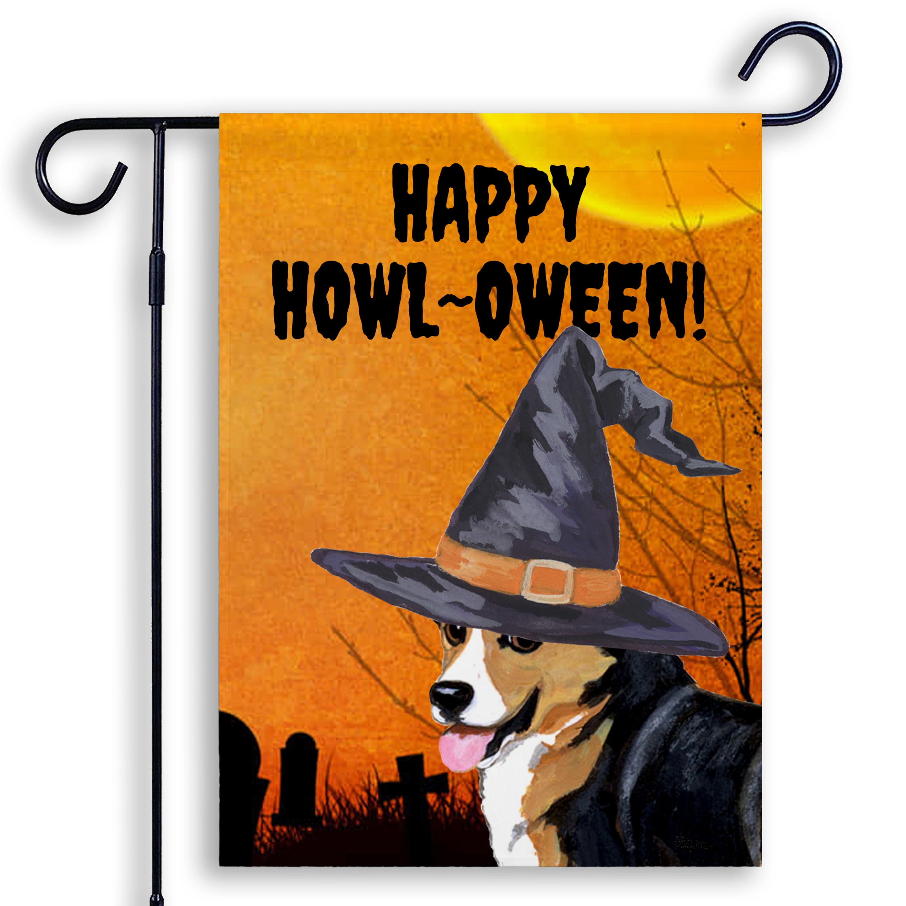 Halloween-themed garden flag with a Pembroke Welsh Corgi wearing a witch hat and 'Happy Howl-Oween!' text.