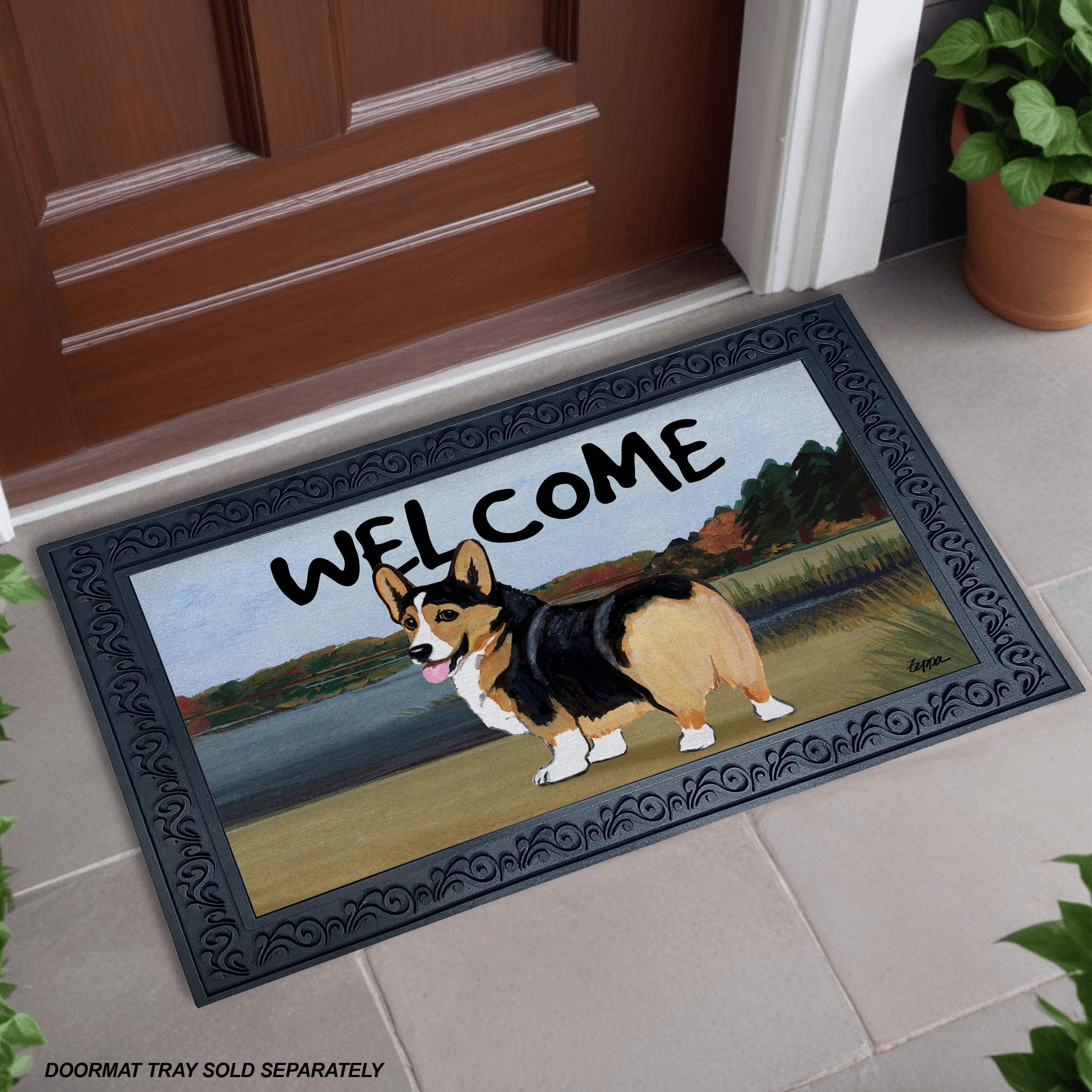 Tri Pembroke Welsh Corgi Lake Scene Welcome Mat