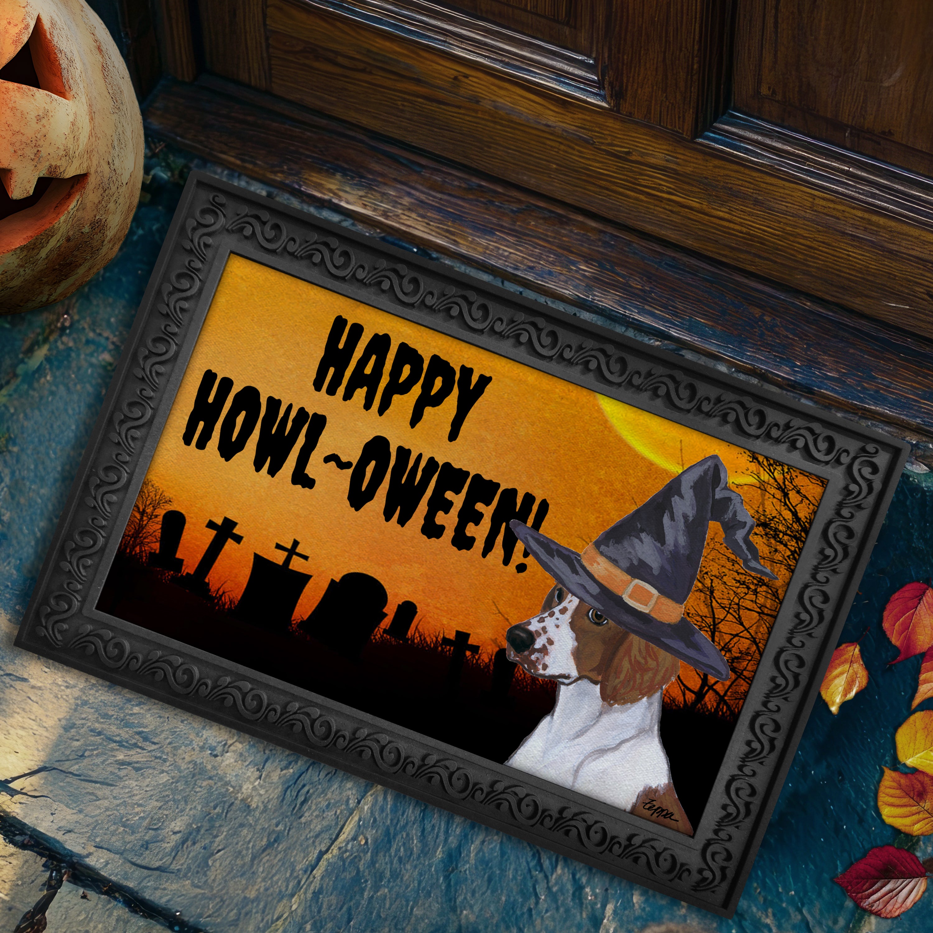 Halloween-themed doormat with a Welsh Springer Spaniel wearing a witch hat and 'Happy Howl-Oween!' text.