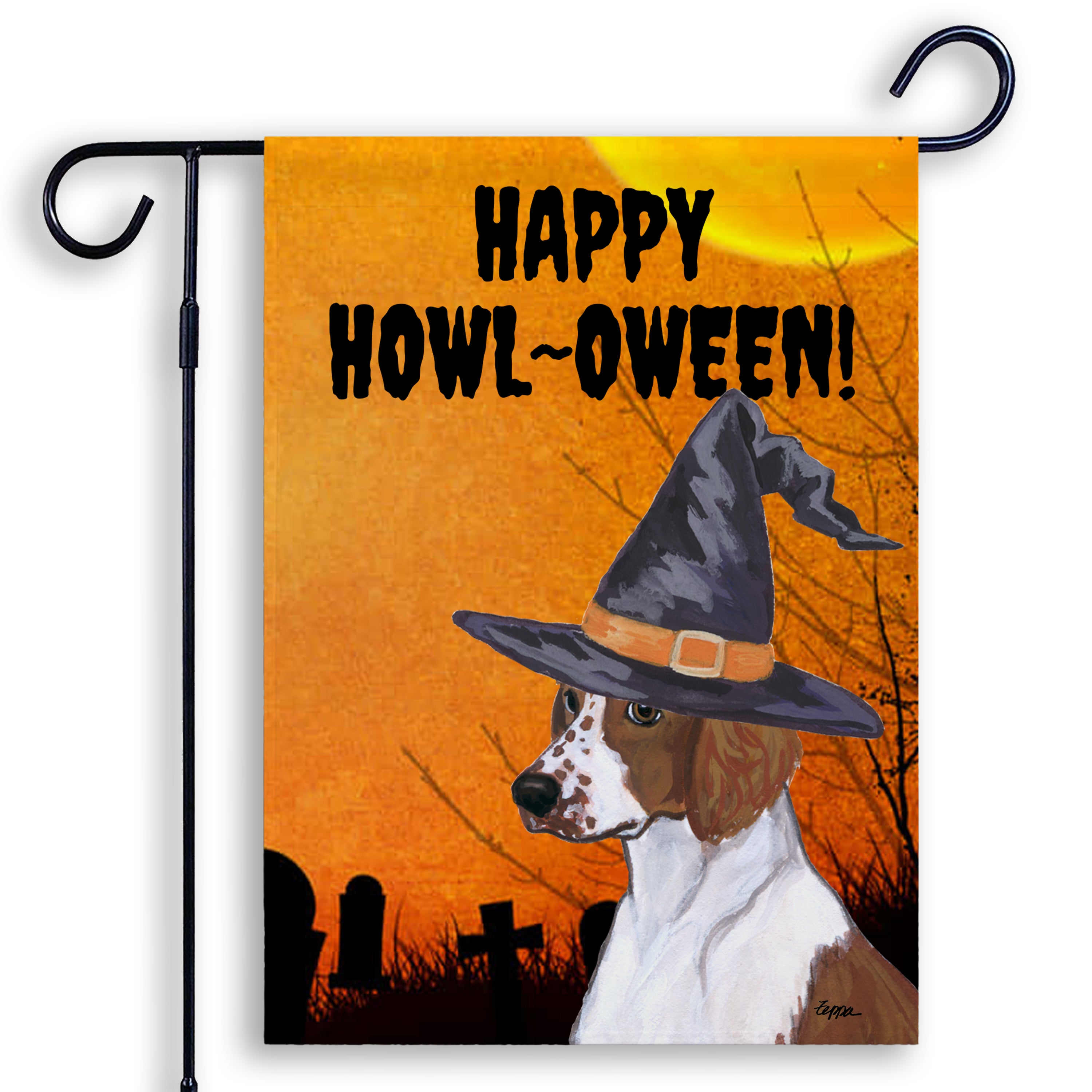 Halloween-themed garden flag with a Welsh Springer Spaniel wearing a witch hat and 'Happy Howl-Oween!' text.