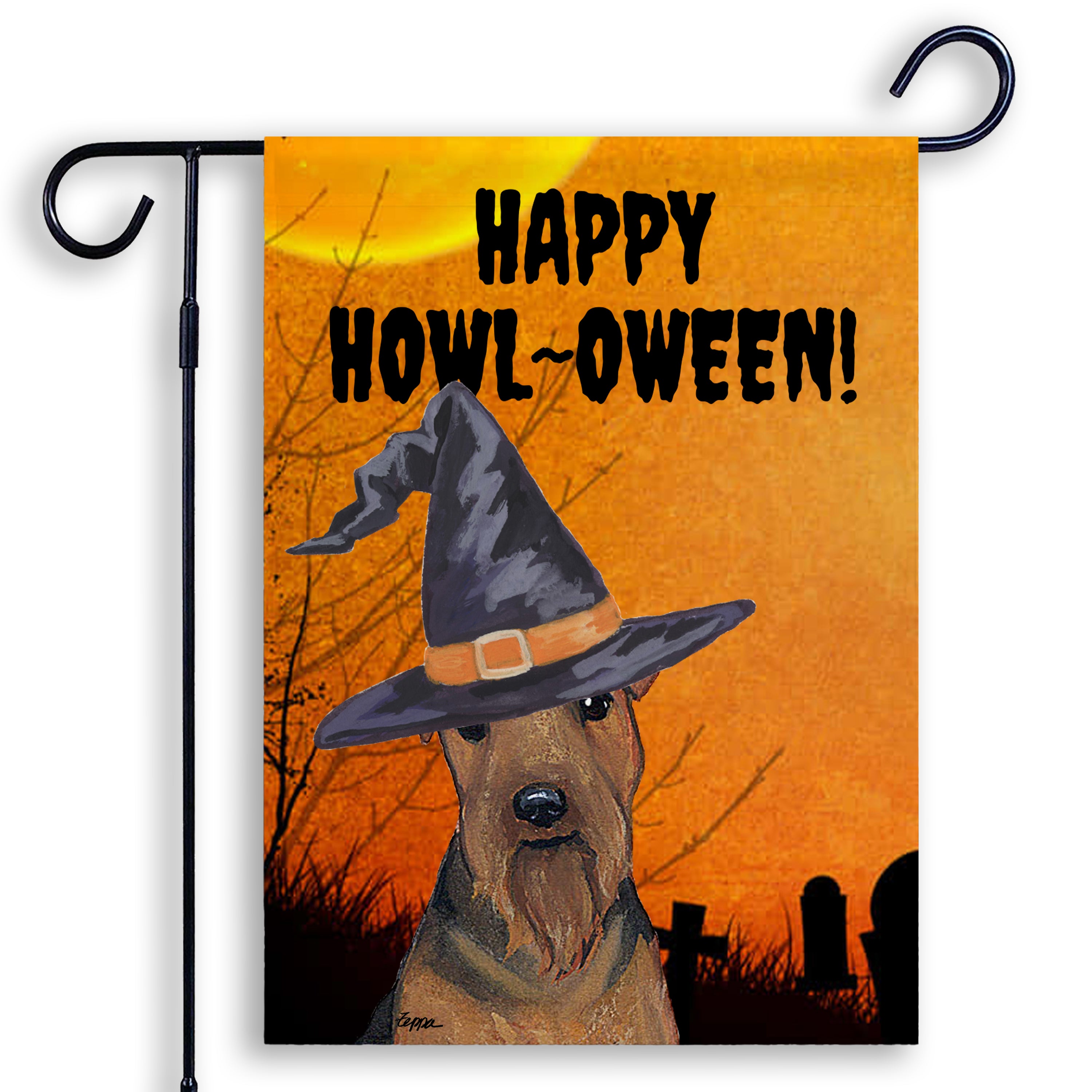 Halloween-themed garden flag with a Welsh Terrier wearing a witch hat and 'Happy Howl-Oween!' text on an orange background.