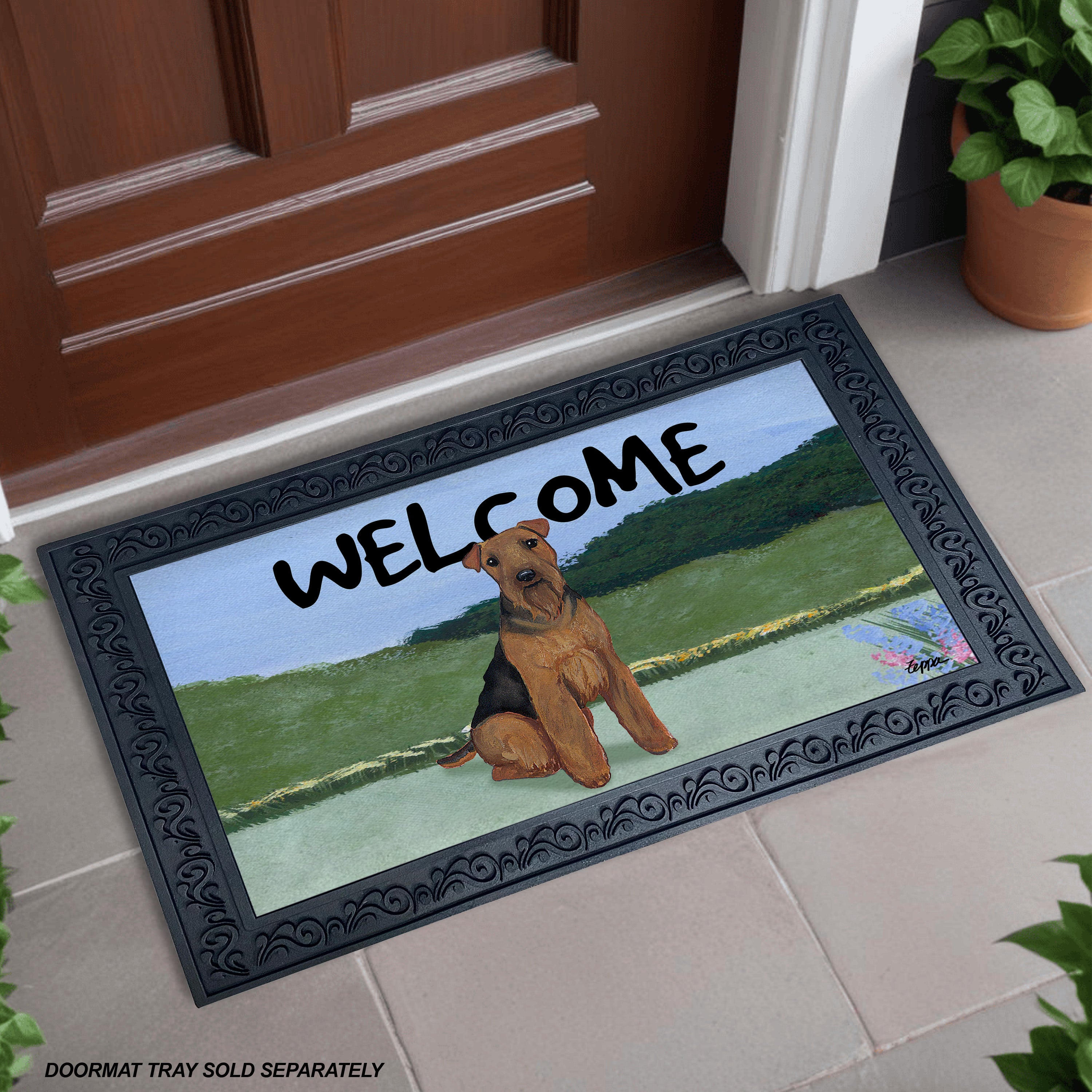 Welsh Terrier Yard Scene Welcome Mat