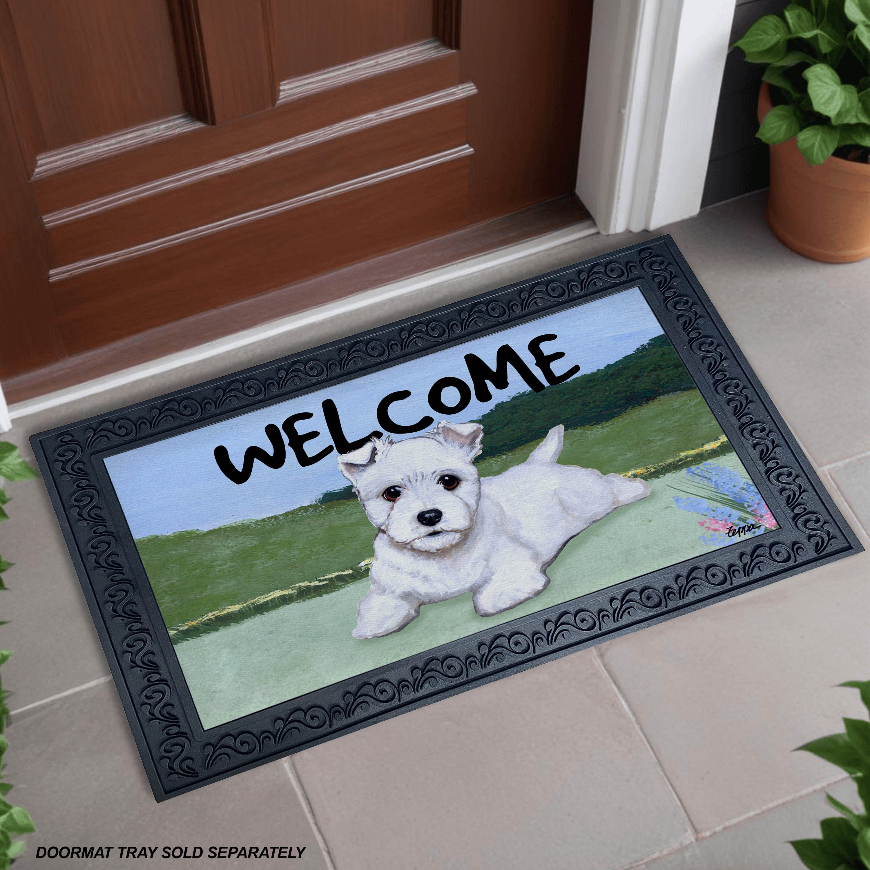 West Highland Terrier Puppy Yard Scene Welcome Mat