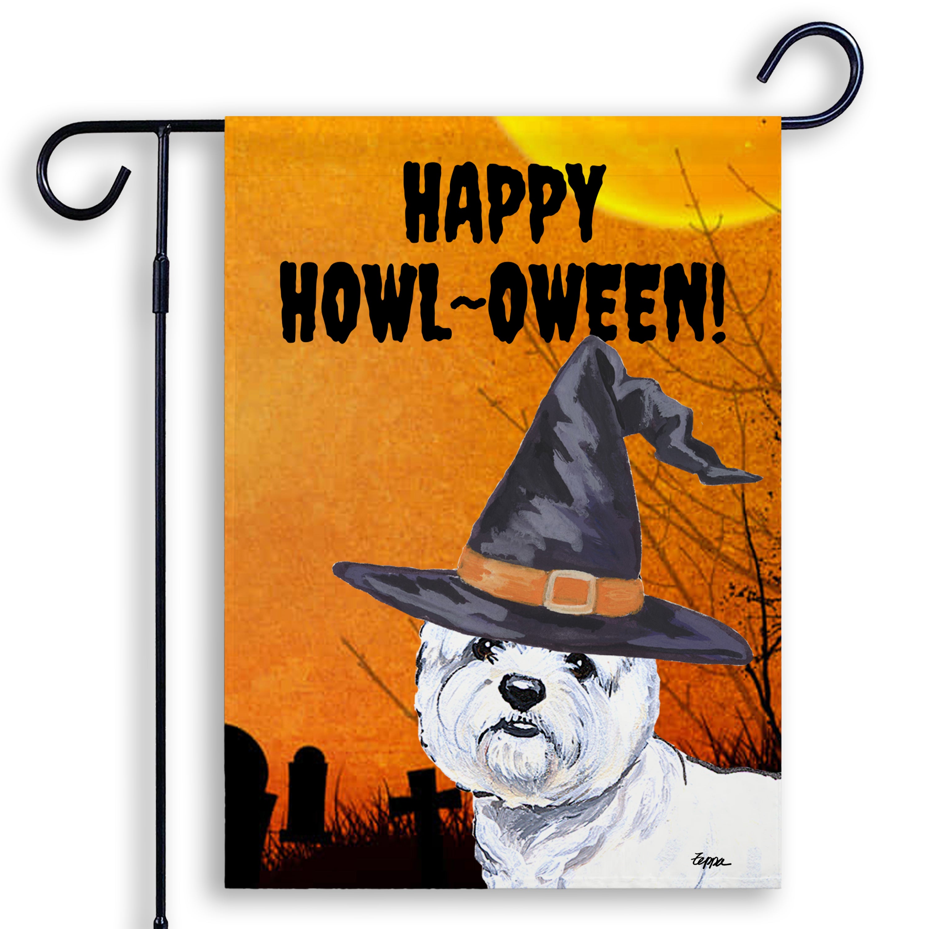 Halloween-themed garden flag with a West Highland White Terrier wearing a witch hat and 'Happy Howl-Oween!' text on an orange background.