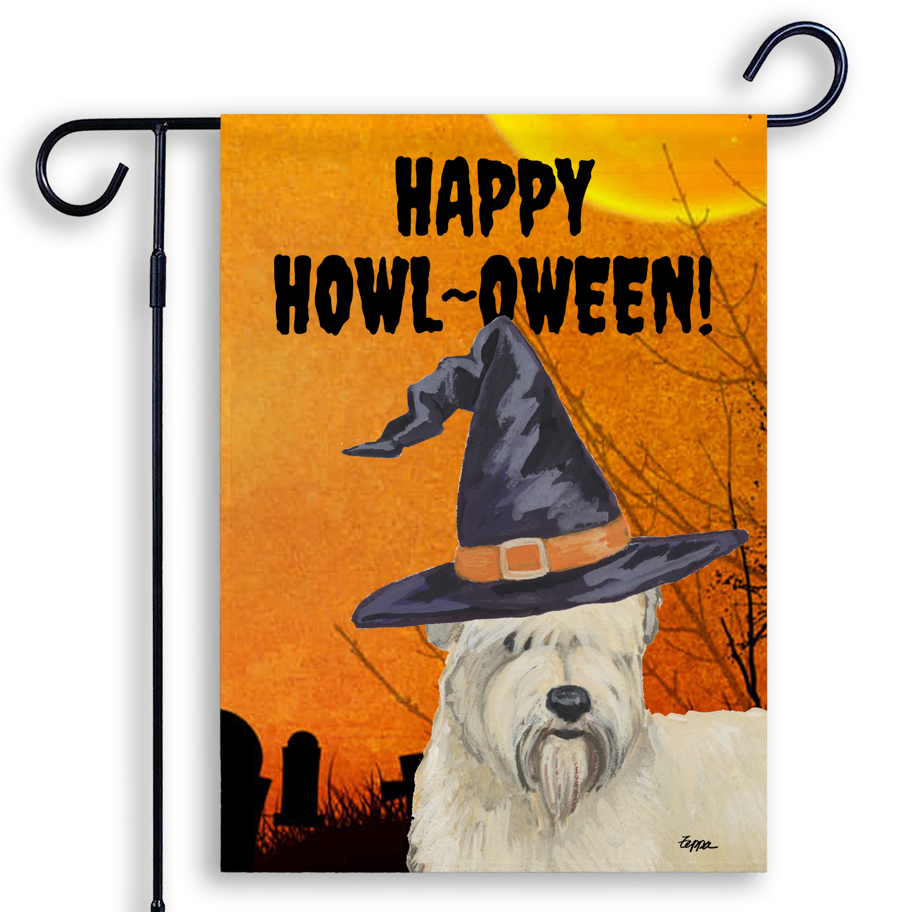 Halloween-themed garden flag with a Wheaten Terrier wearing a witch hat and 'Happy Howl-Oween!' text on an orange background.