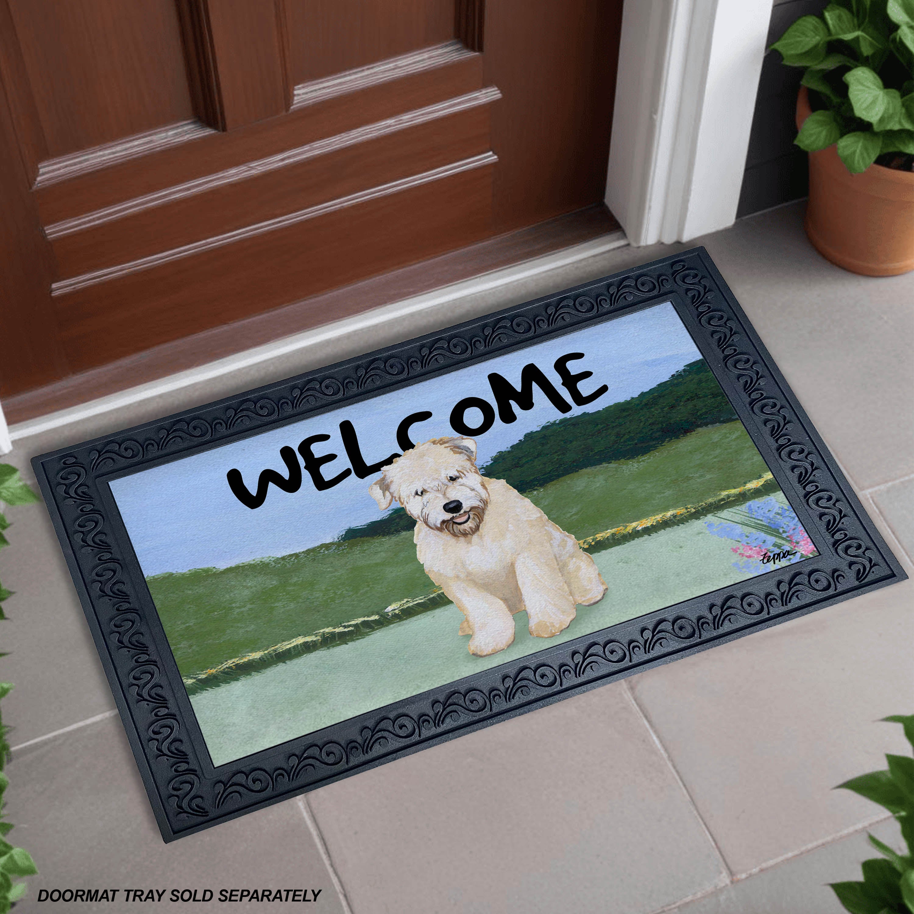 Wheaten Terrier Puppy Yard Scene Welcome Mat