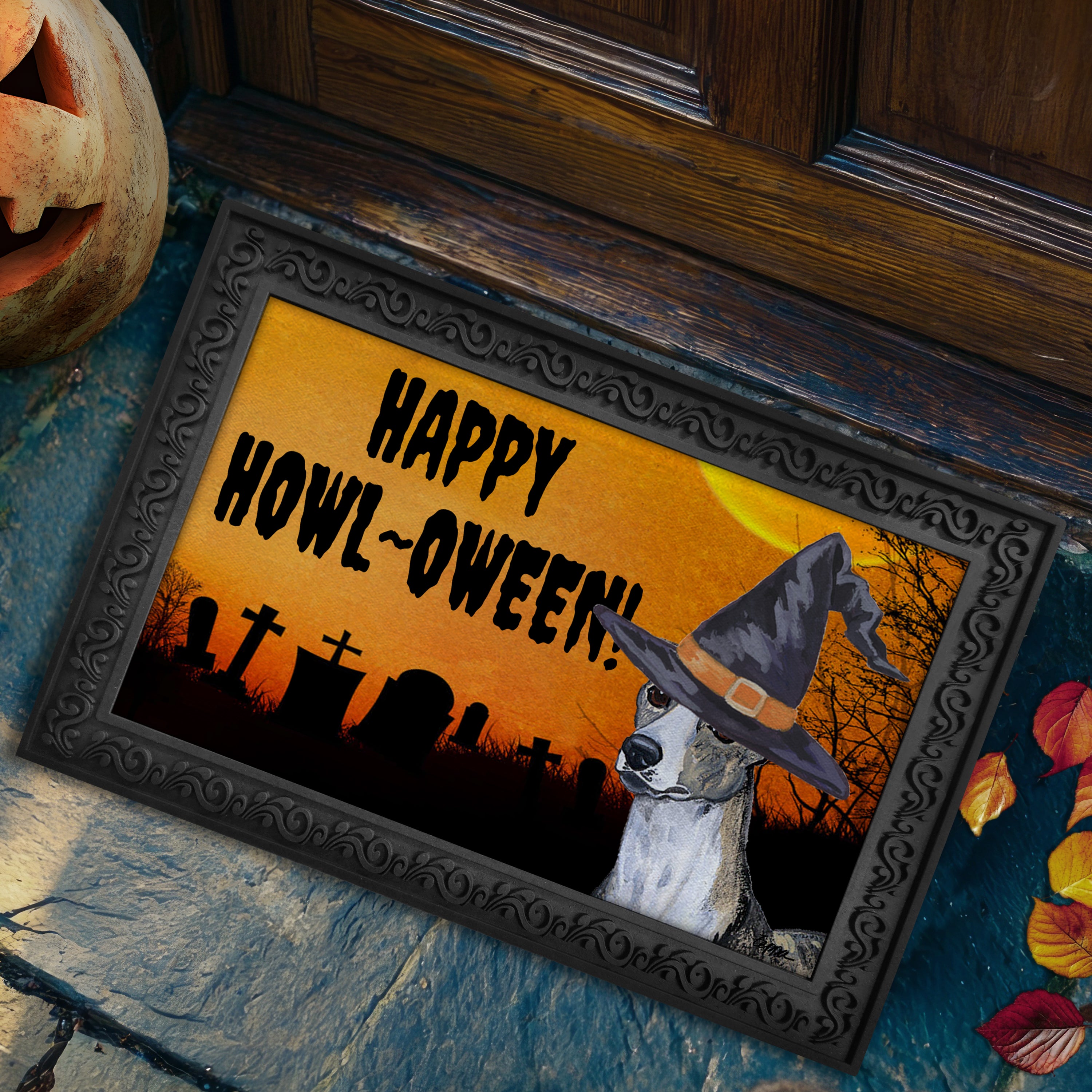 Halloween-themed doormat with a Whippet wearing a witch hat and 'Happy Howl-Oween!' text.