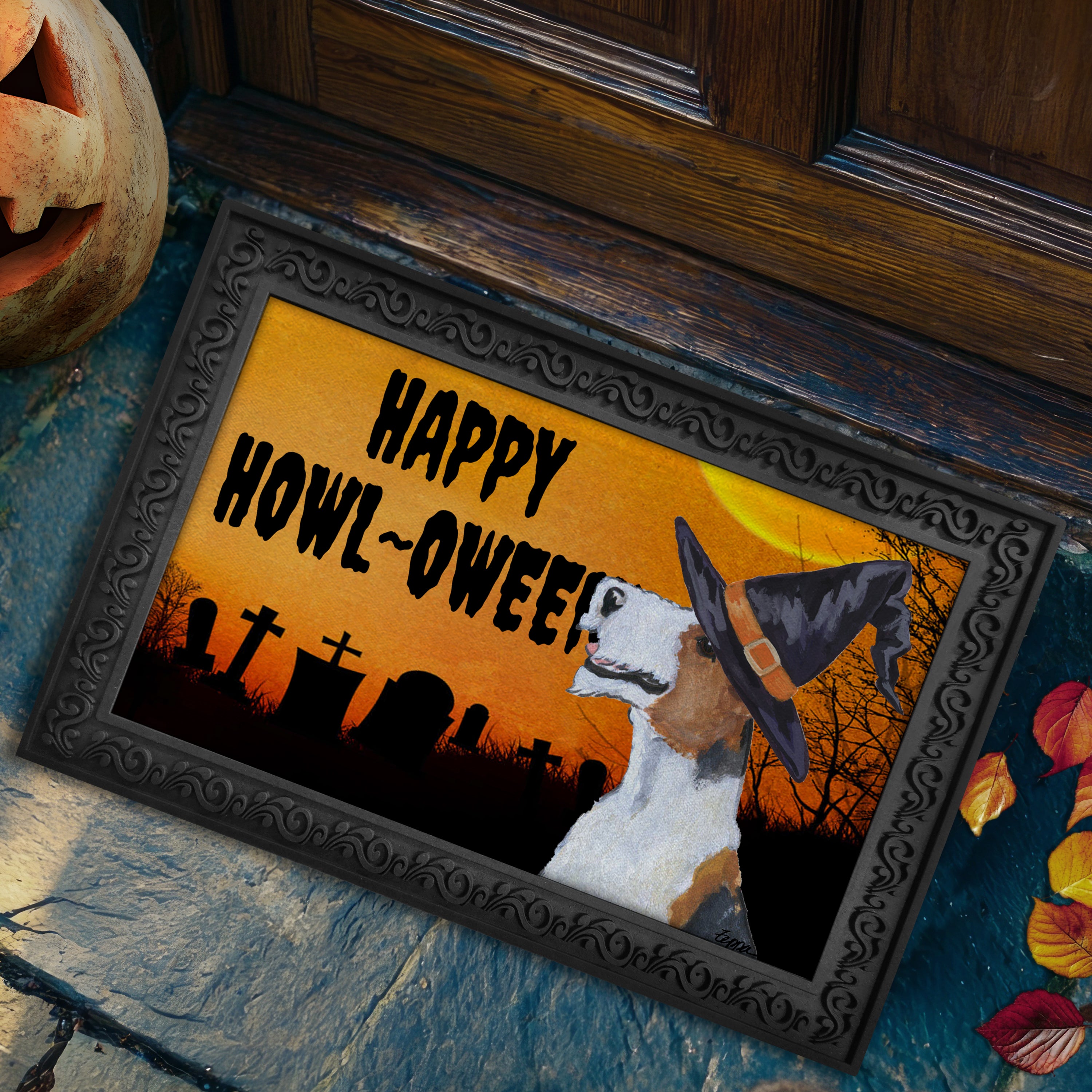 Halloween-themed doormat with a Wire Fox Terrier wearing a witch hat and 'Happy Howl-Oween!' text.