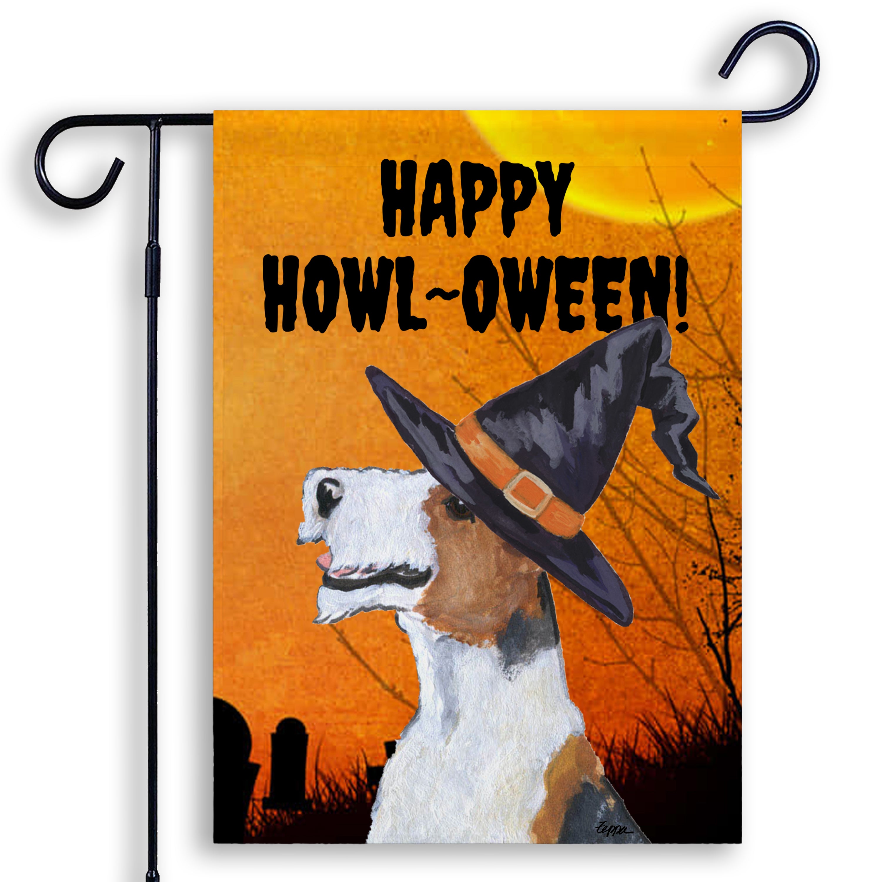 Halloween-themed garden flag with a Wire Fox Terrier wearing a witch hat and 'Happy Howl-Oween!' text on an orange background.