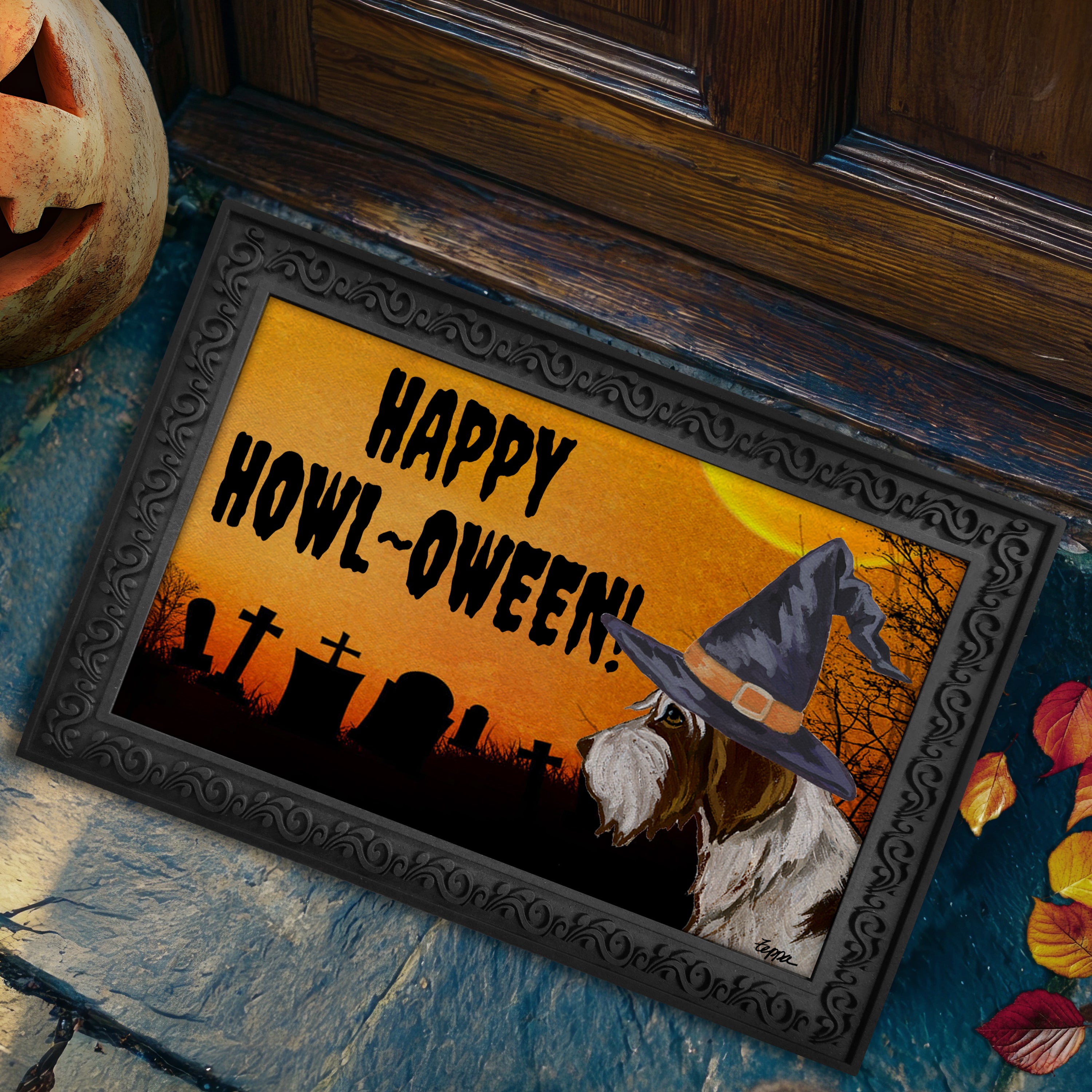 Halloween-themed doormat with a Wire Haired Pointing Griffon wearing a witch hat and 'Happy Howl-Oween!' text.