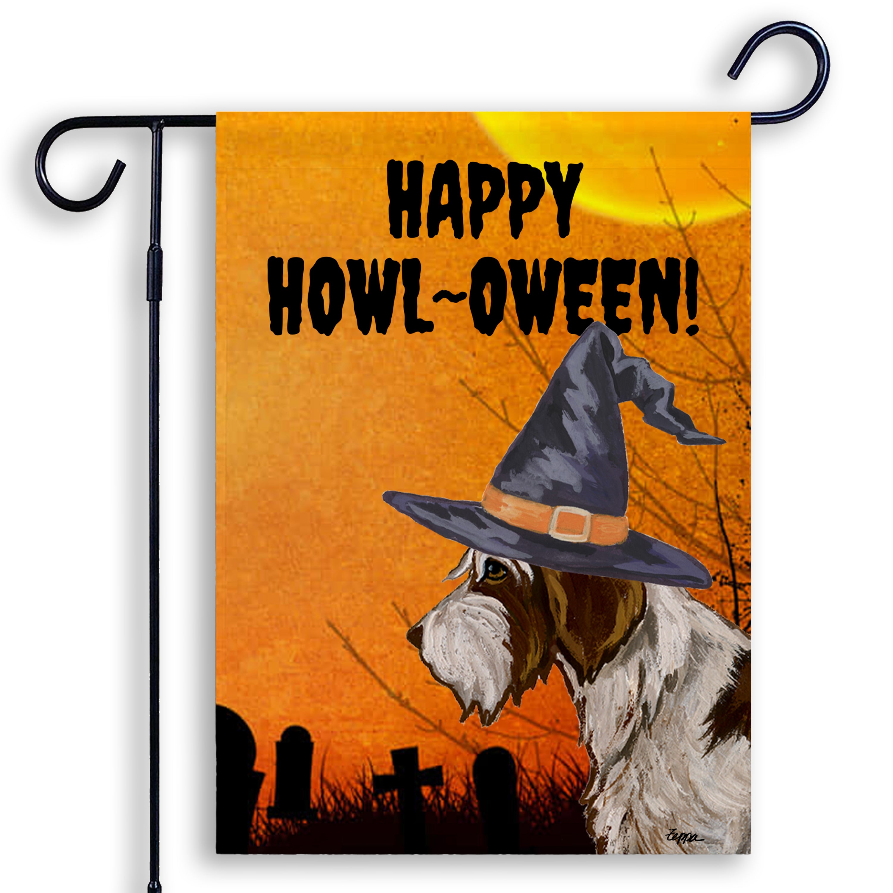 Halloween-themed garden flag with a Wirehaired Pointing Griffon wearing a witch hat and 'Happy Howl-Oween!' text on an orange background.