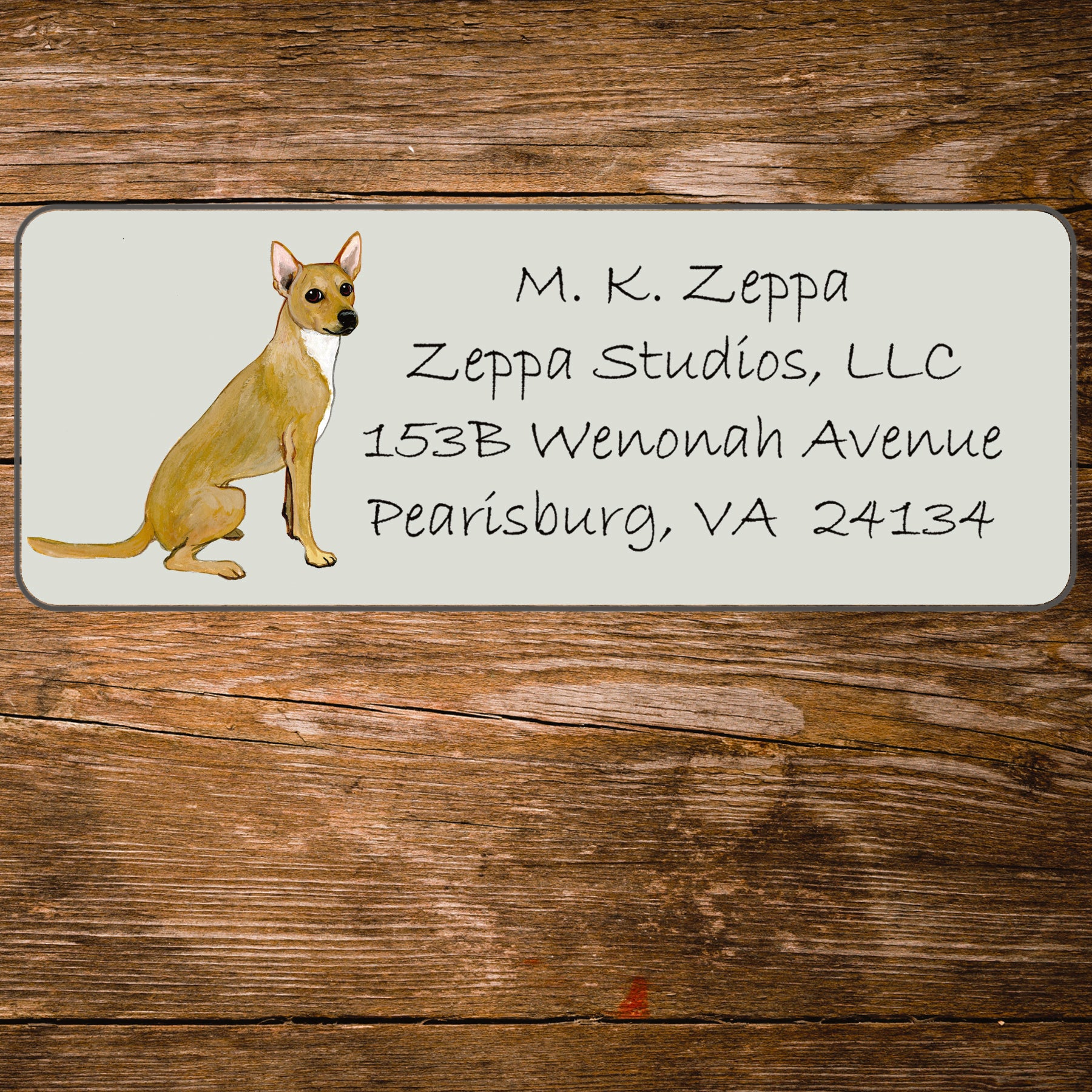 Return address label with an illustration of a Xoloitzcuintli