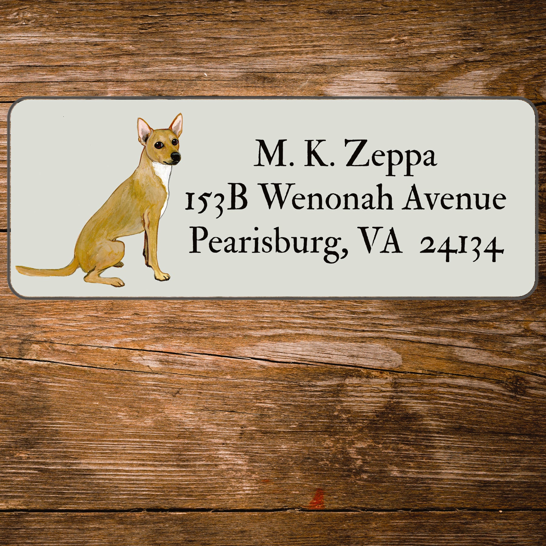 Return address label with an illustration of a Xoloitzcuintli