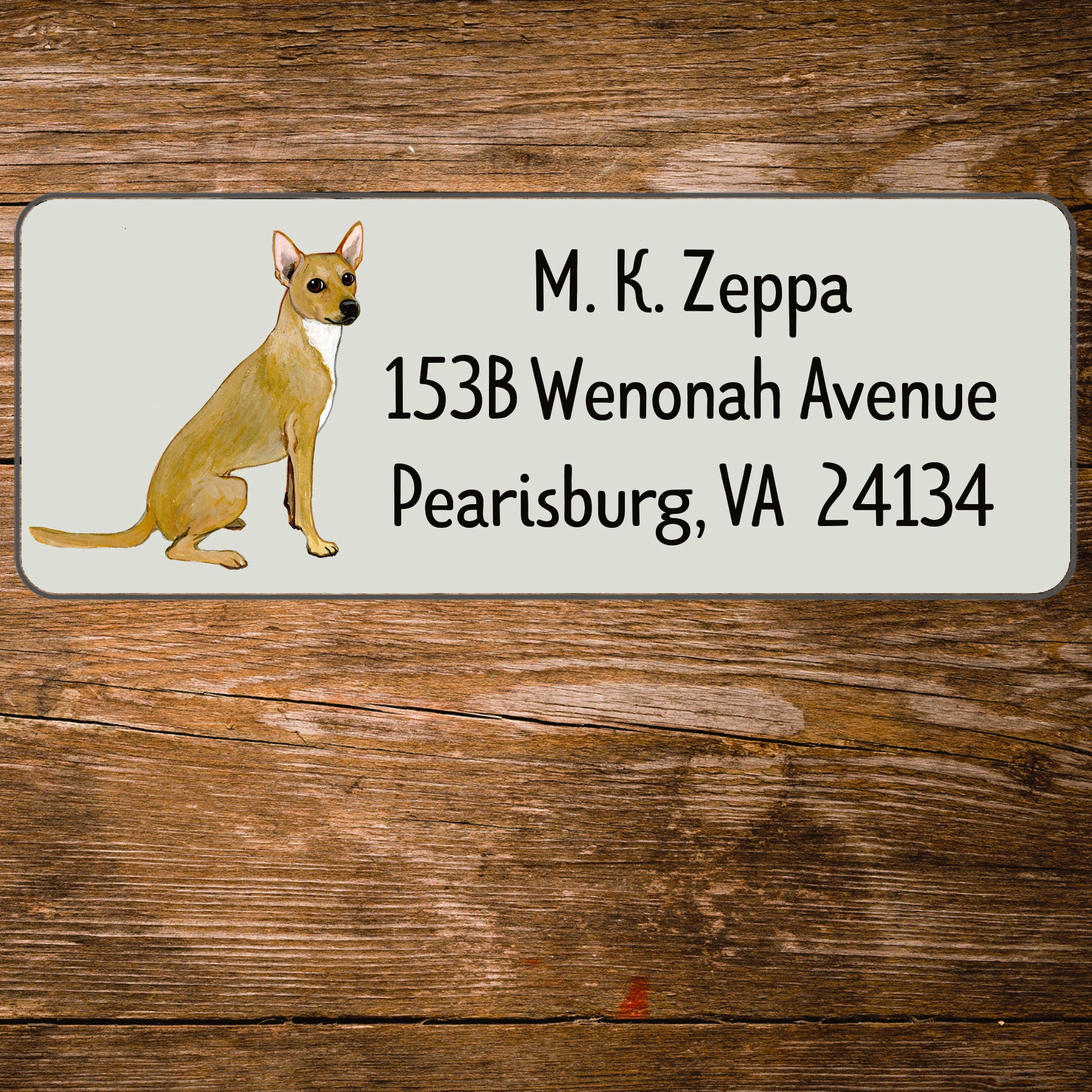 Return address label with an illustration of a Xoloitzcuintli