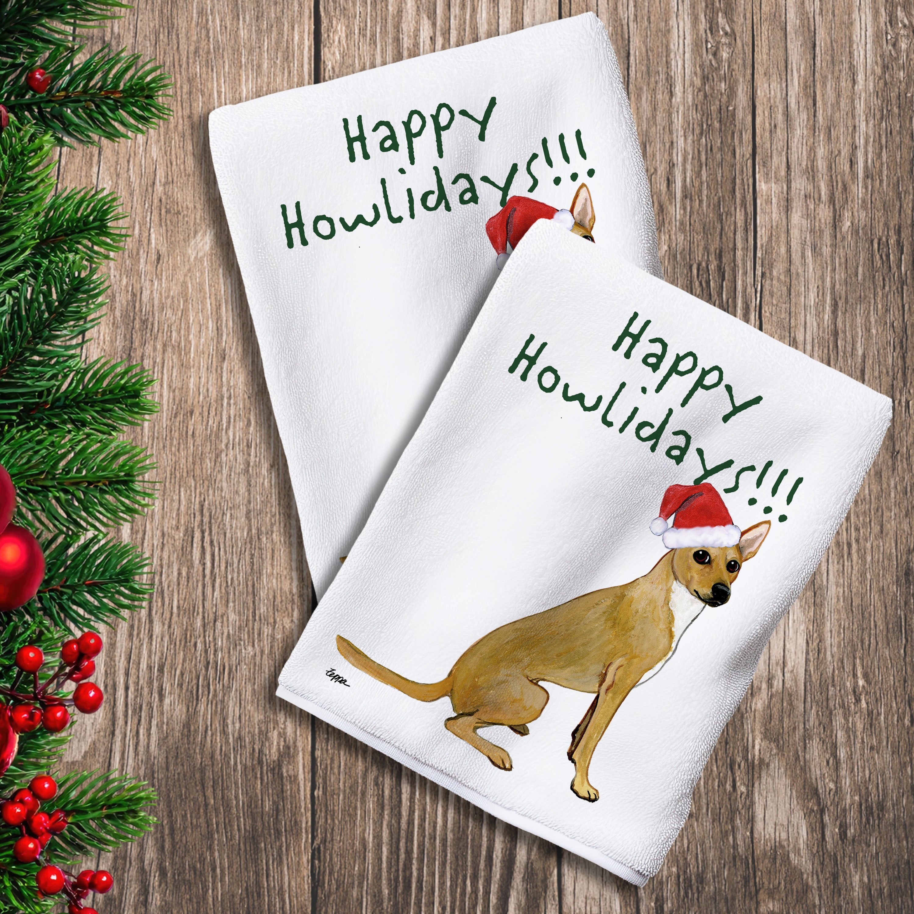 2 Kitchen Towels with a coated Xoloitzcuintli in a Santa Hat and Happy Howlidays text.
