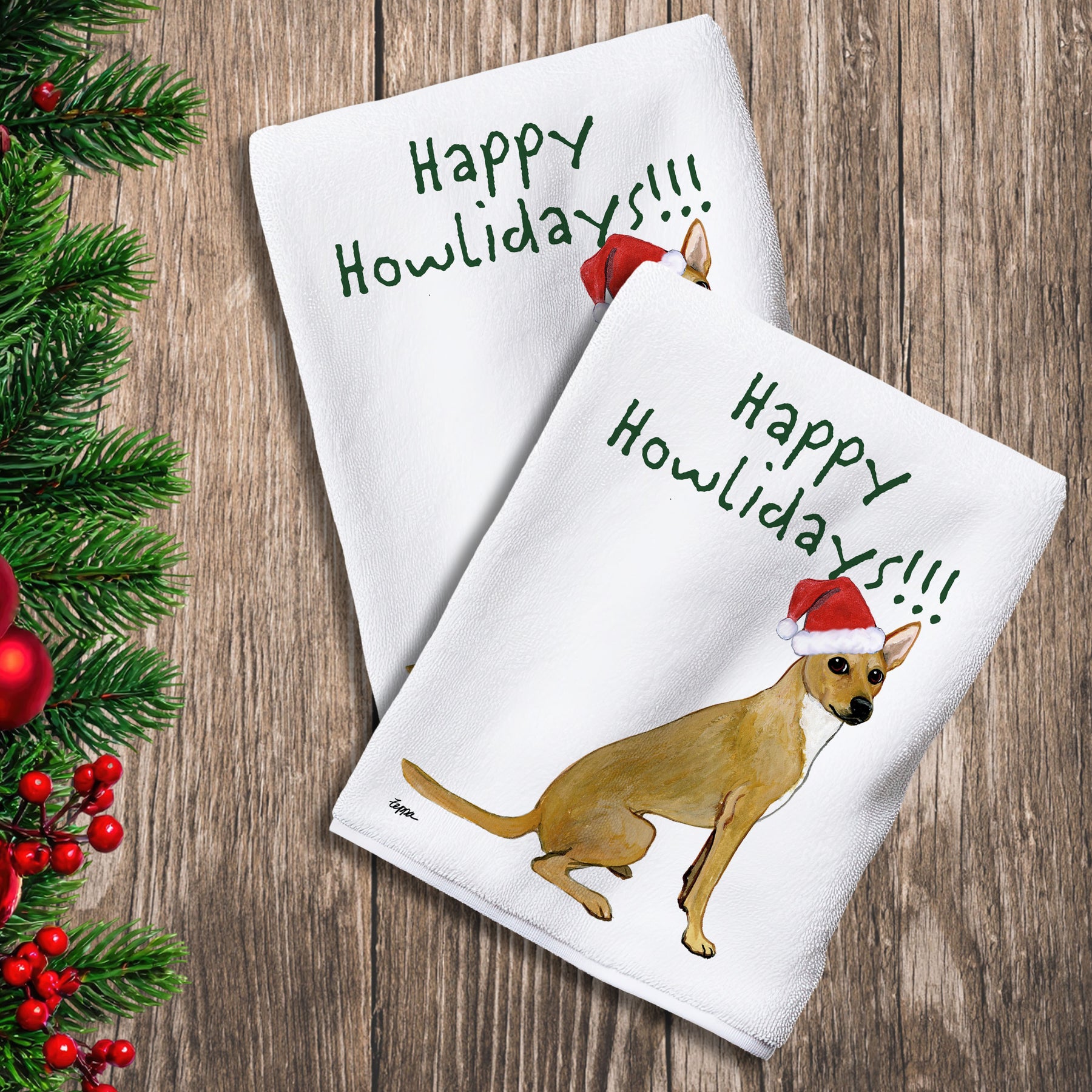 2 Kitchen Towels with a coated Xoloitzcuintli in a Santa Hat and Happy Howlidays text.
