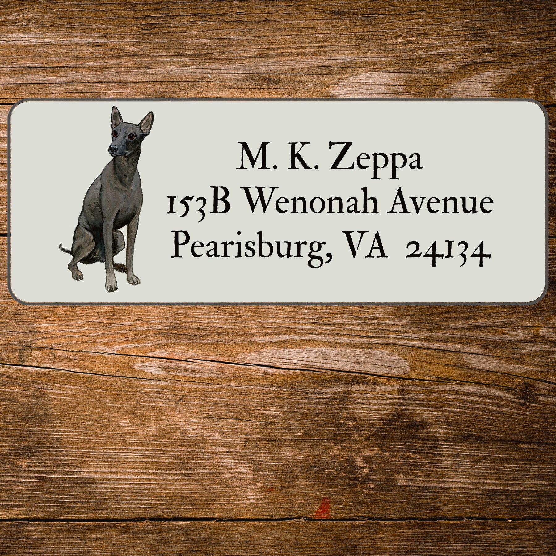 Return address label with an illustration of a Xoloitzcuintli