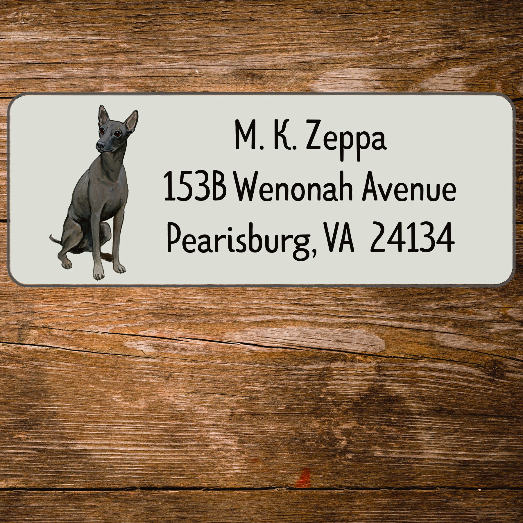 Return address label with an illustration of a Xoloitzcuintli