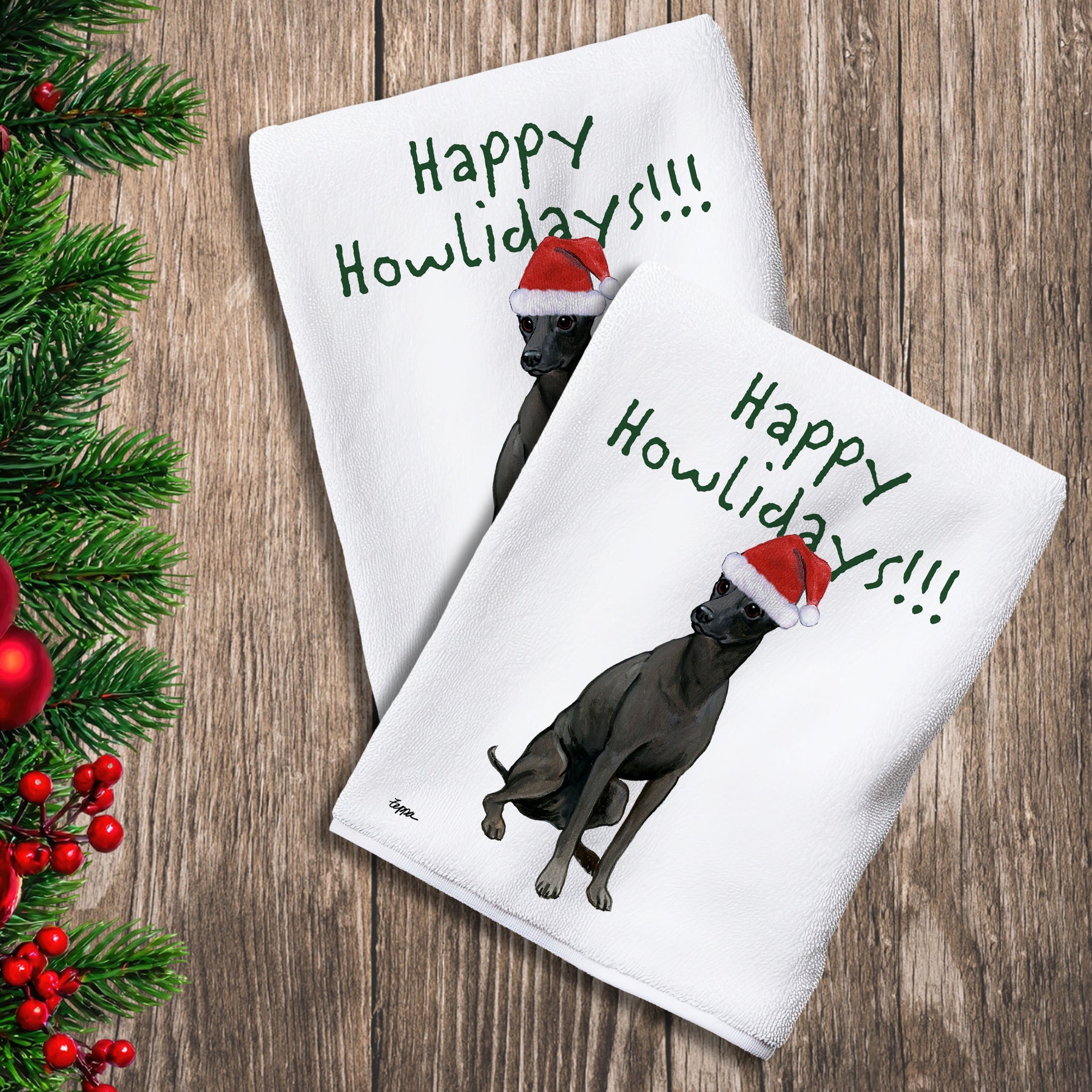 2 Kitchen Towels with a Xoloitzcuintli in a Santa Hat and Happy Howlidays text.
