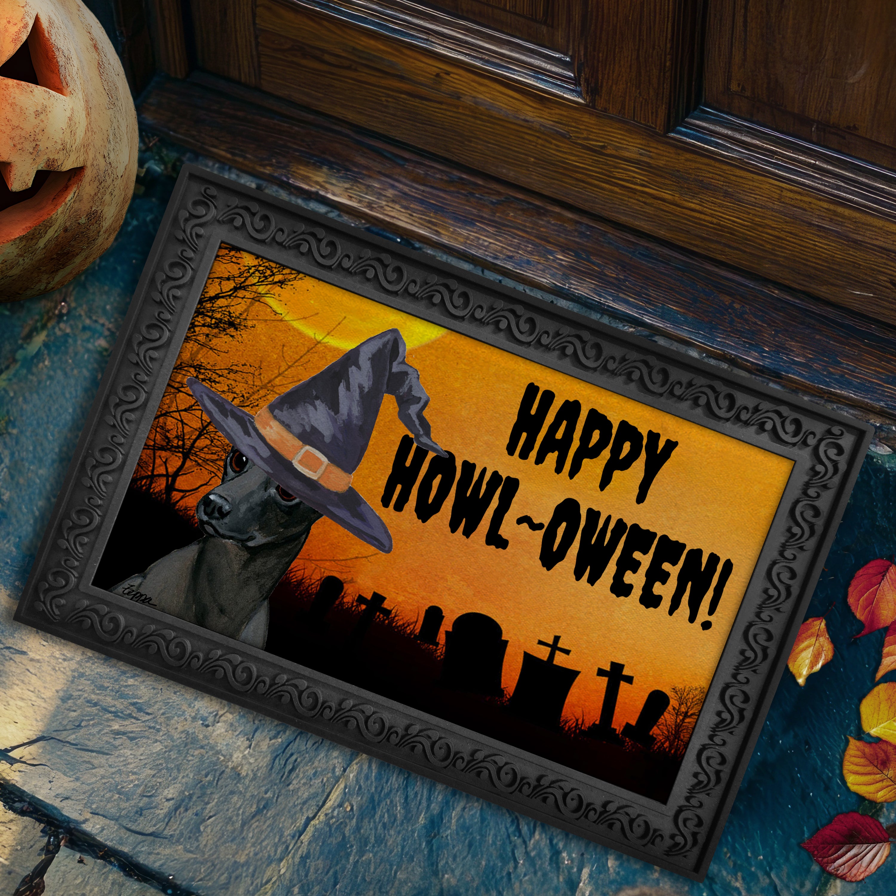 Halloween-themed doormat with a Xoloitzcuintli wearing a witch hat and 'Happy Howl-Oween!' text.