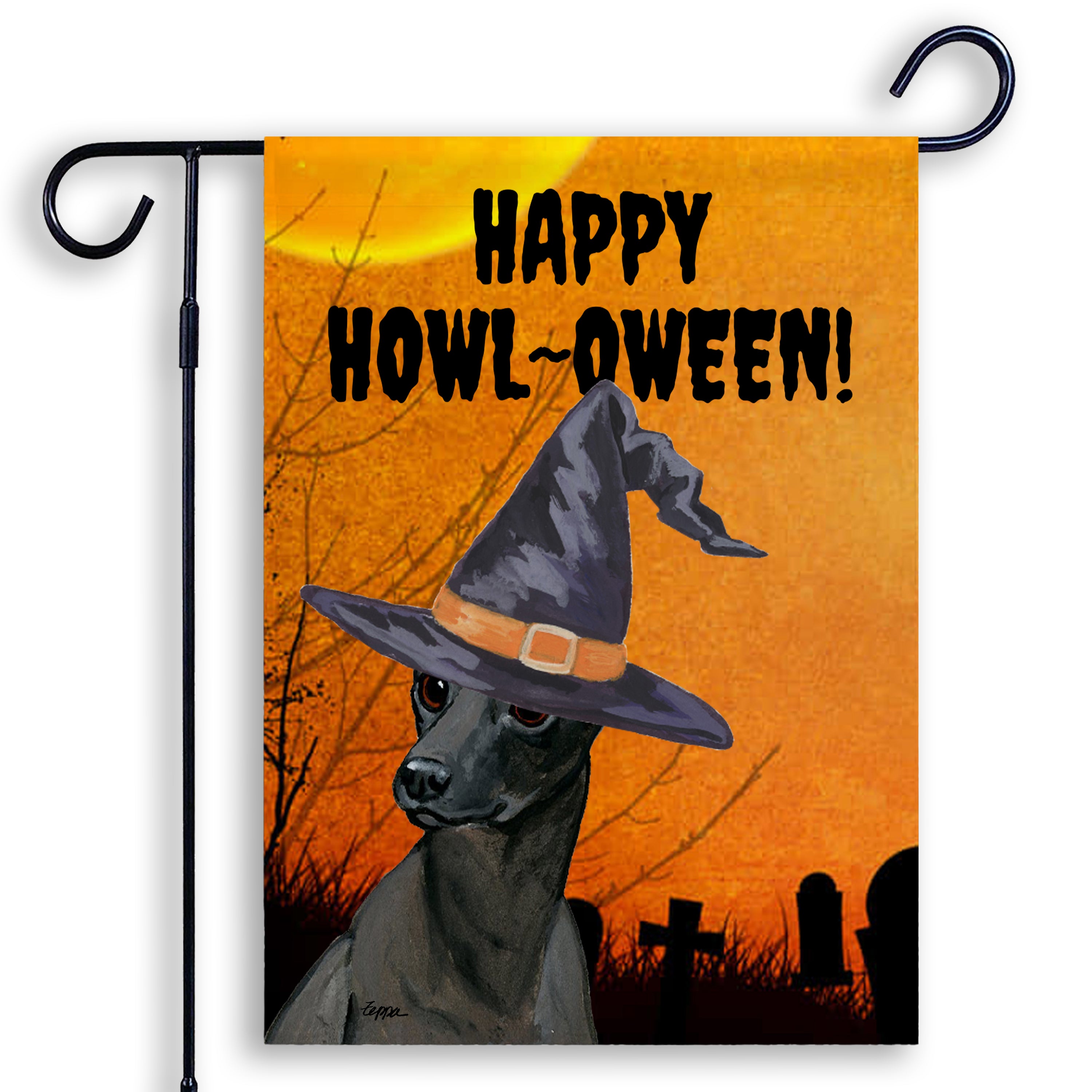 Halloween-themed garden flag with a Mexican Hairless Dog wearing a witch hat and 'Happy Howl-Oween!' text on an orange background.
