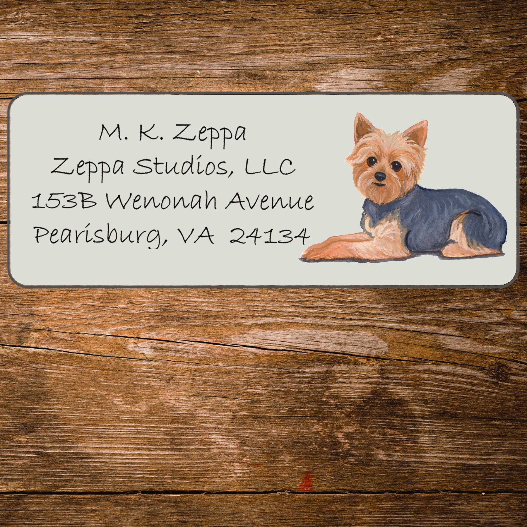 Return address label with a Yorkshire Terrier illustration.