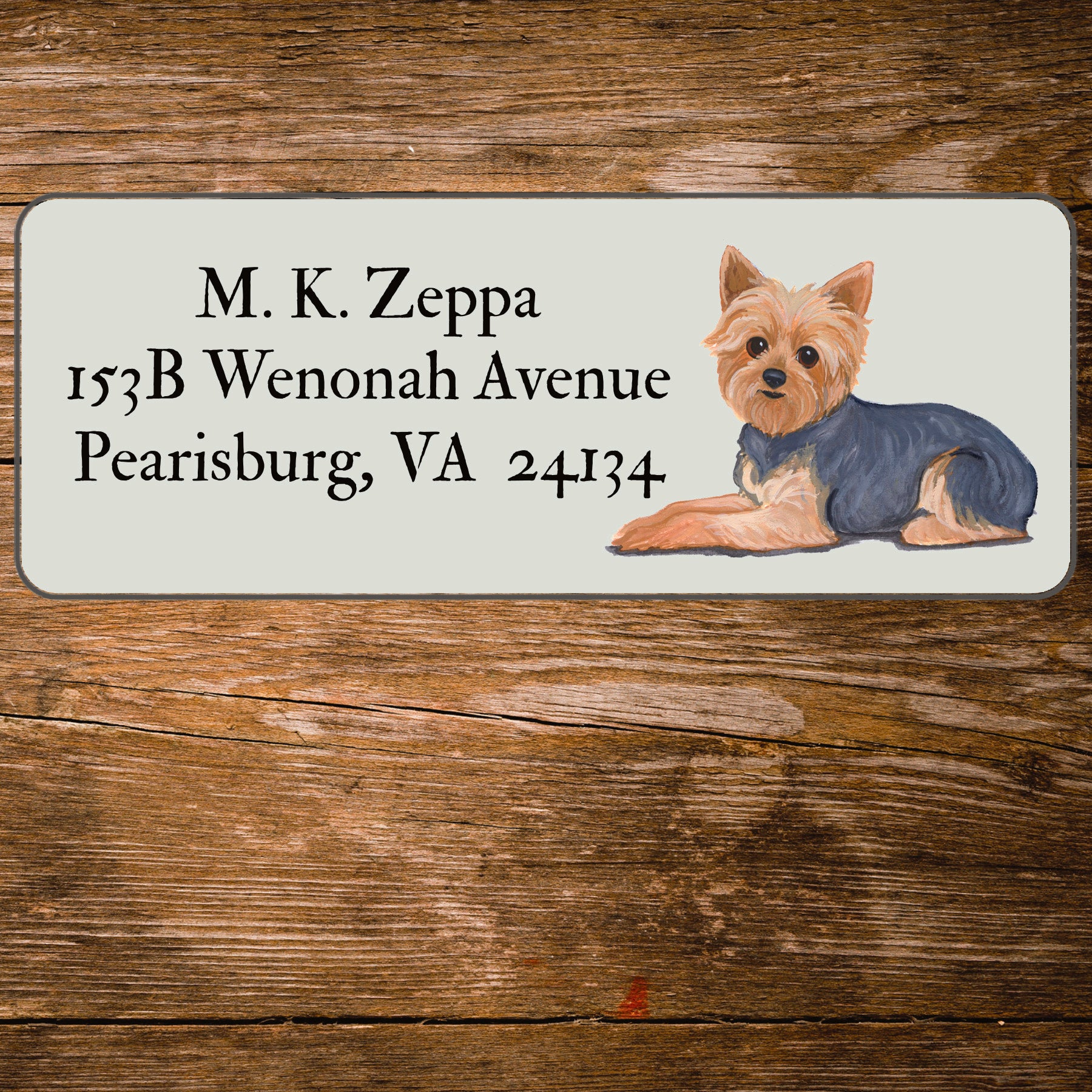 Return address label with a Yorkshire Terrier illustration.