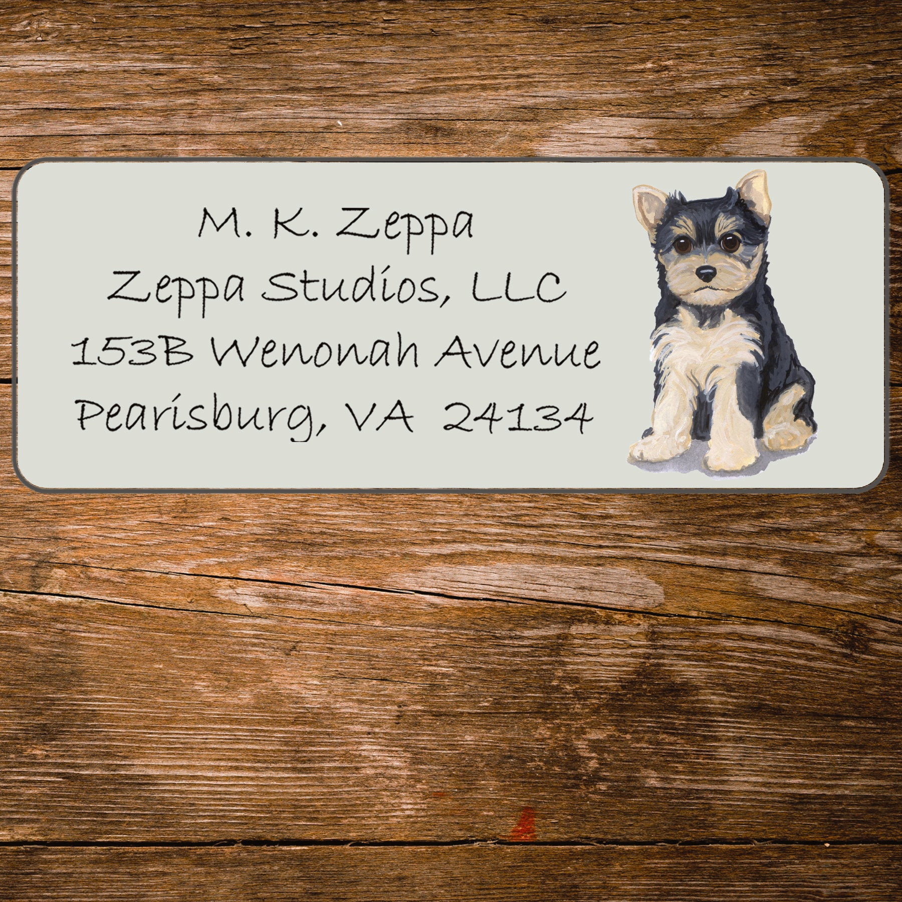 Return address label with a Yorkshire Terrier illustration.