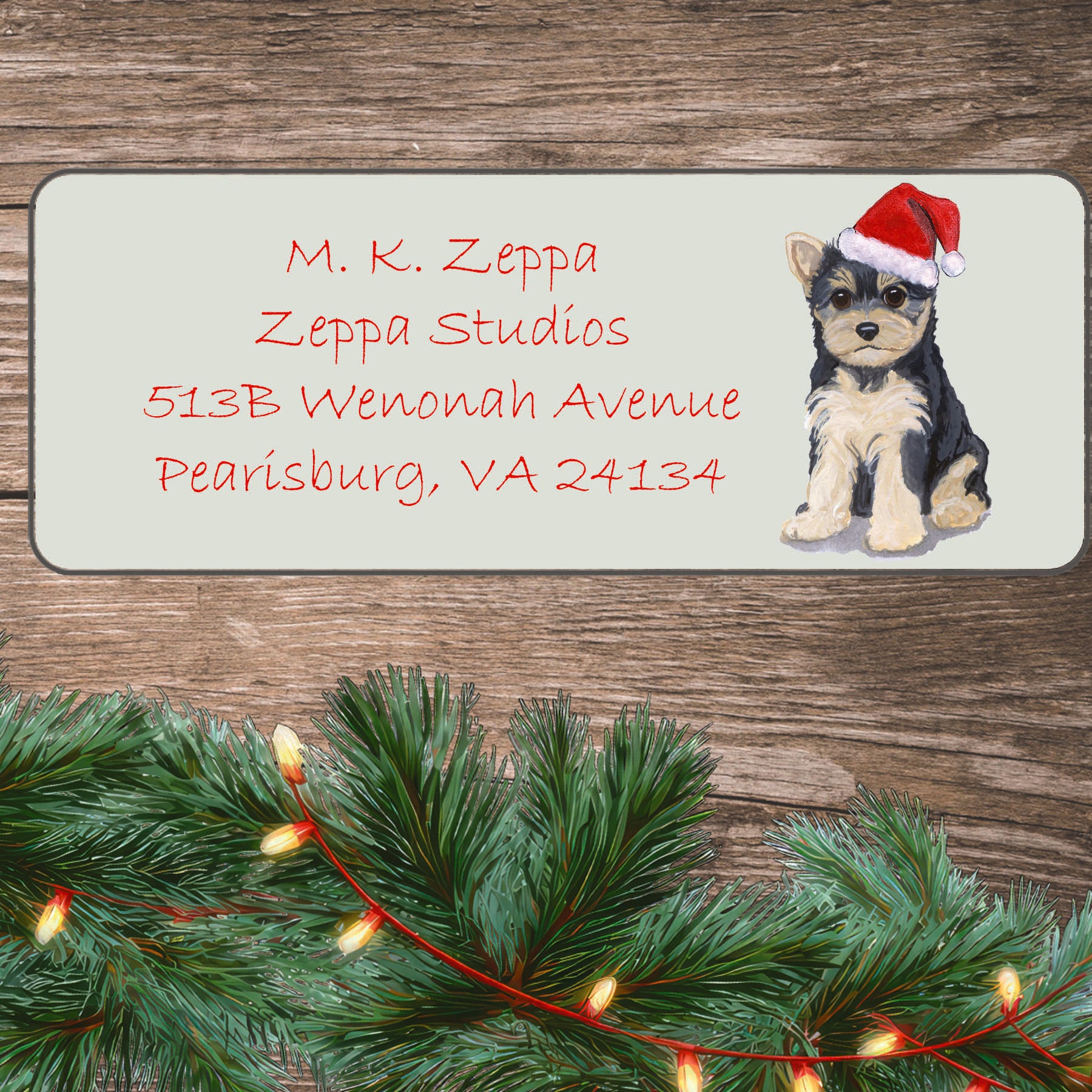 An illustration of a Yorkshire Terrier Puppy by a wood surface with holiday greenery background.