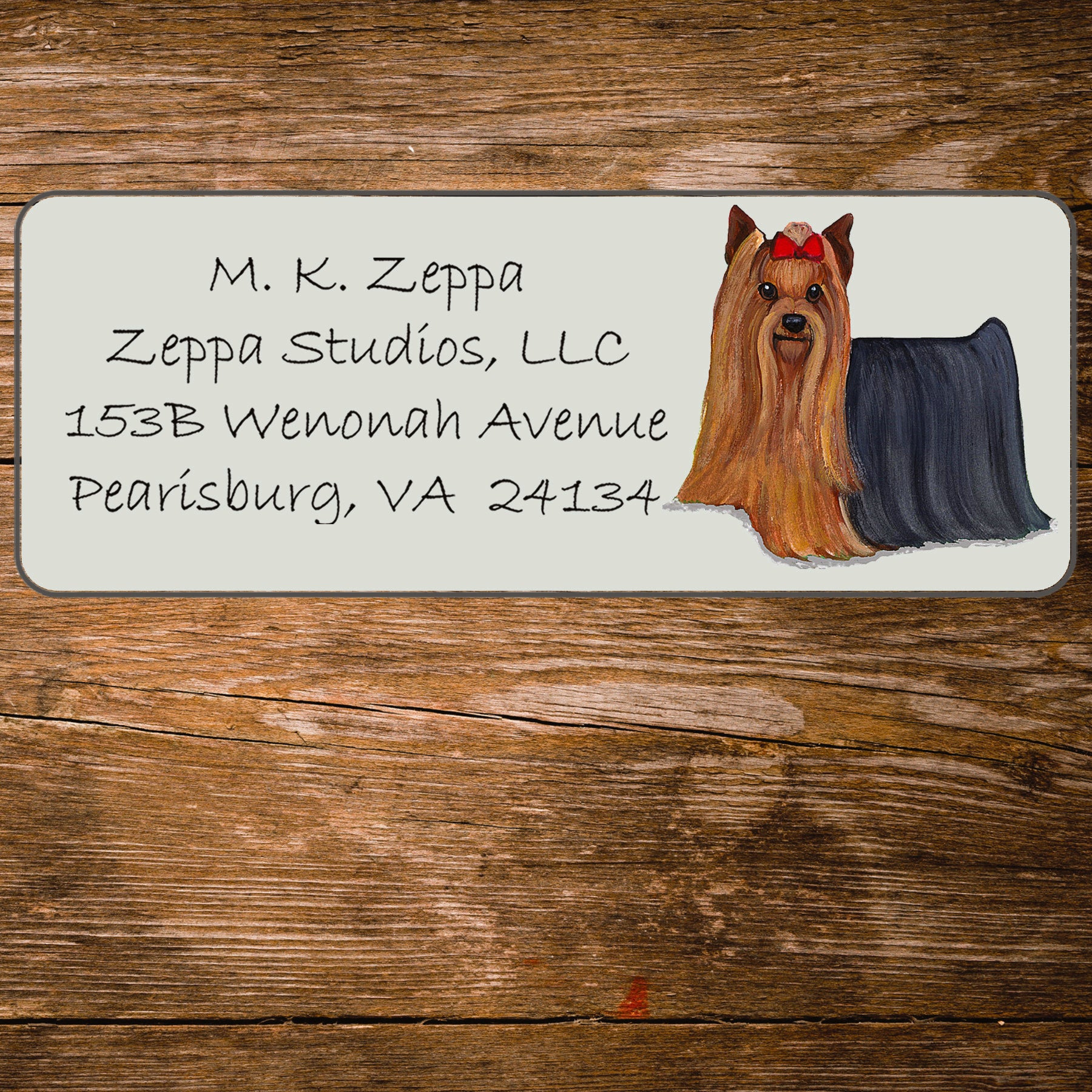 Return address label with a Yorkshire Terrier illustration.