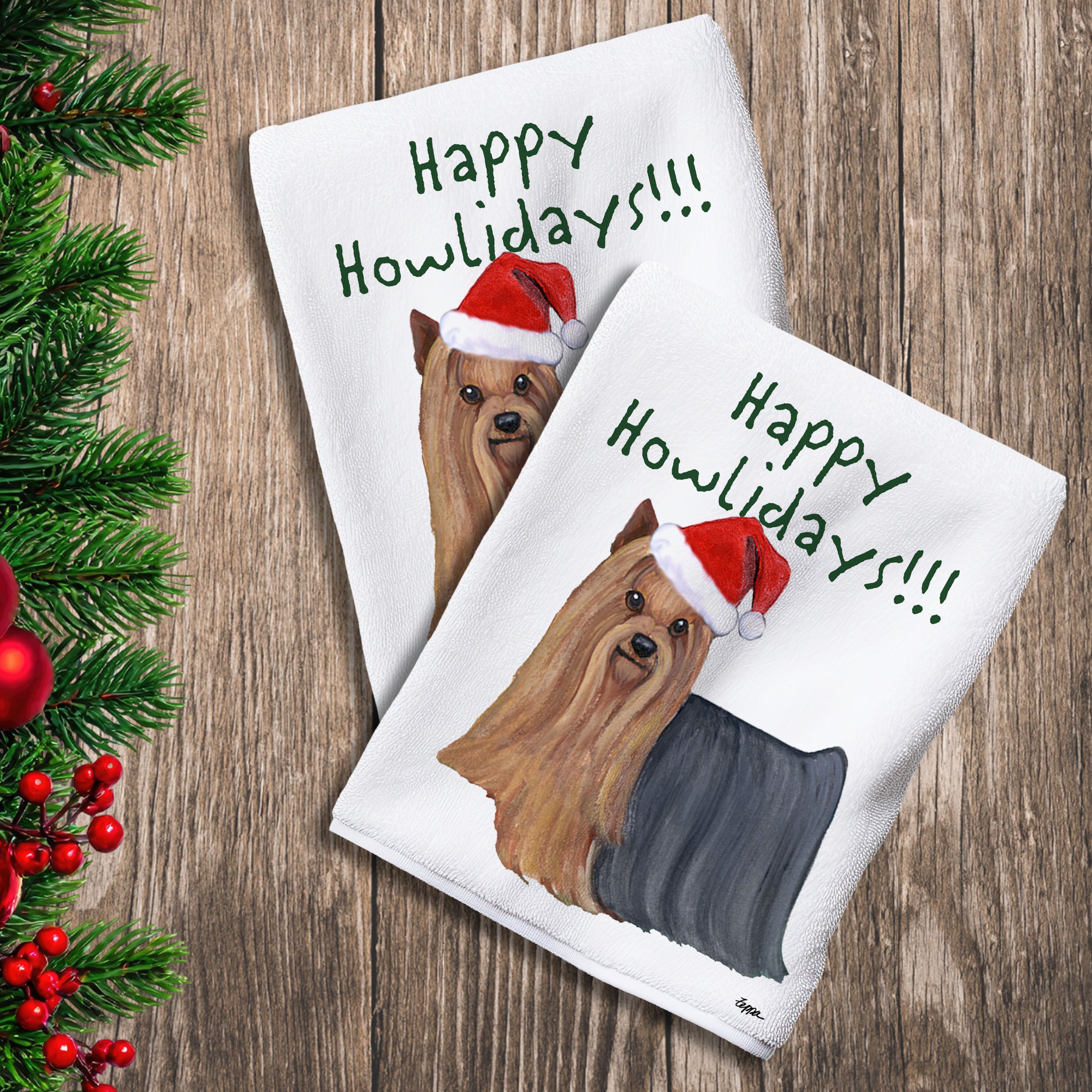 2 Kitchen Towels with a Yorkshire Terrier in a Santa Hat and Happy Howlidays text.